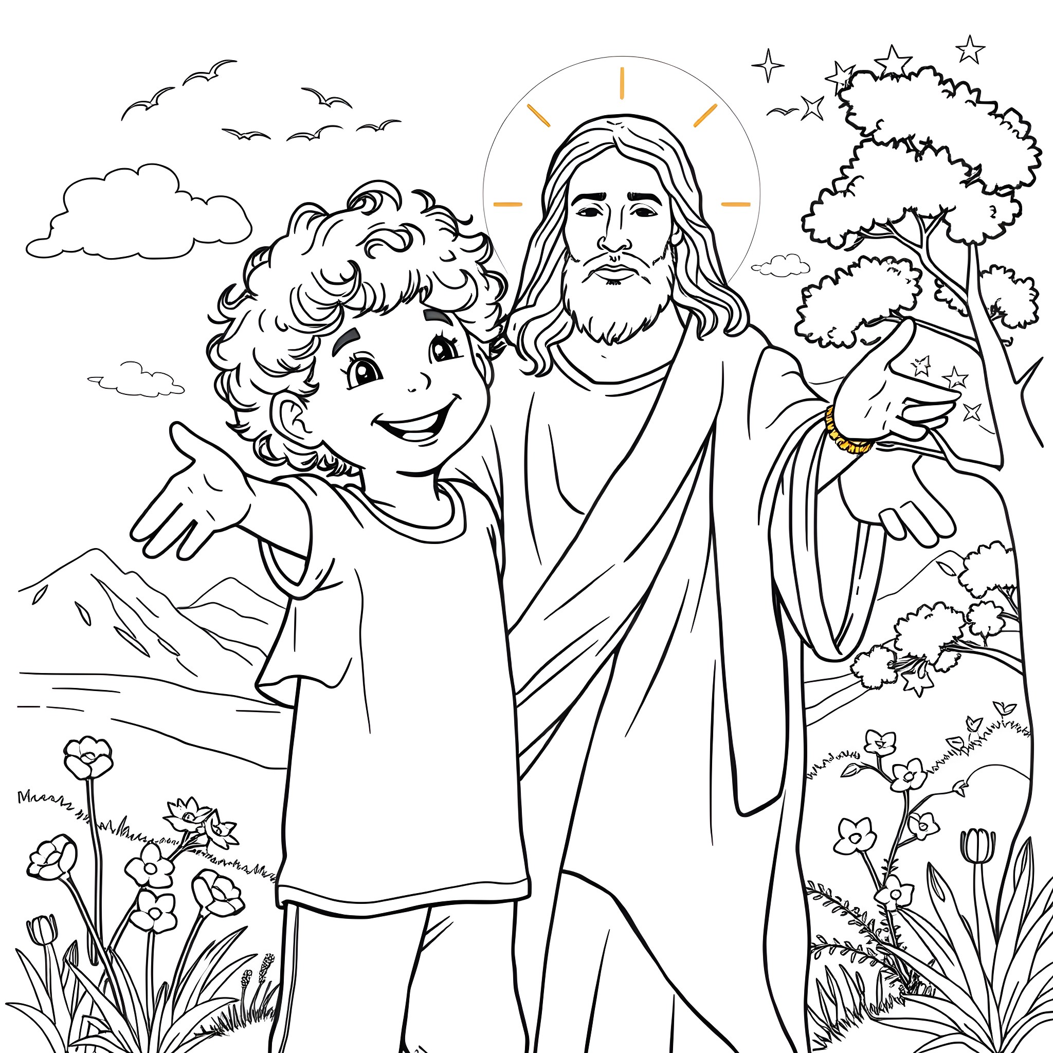 Boy with Jesus in nature scene Coloring Page (free black-and-white line drawing printable PDF for all, from beginners to advanced learners, including children, teens, adults, and seniors)