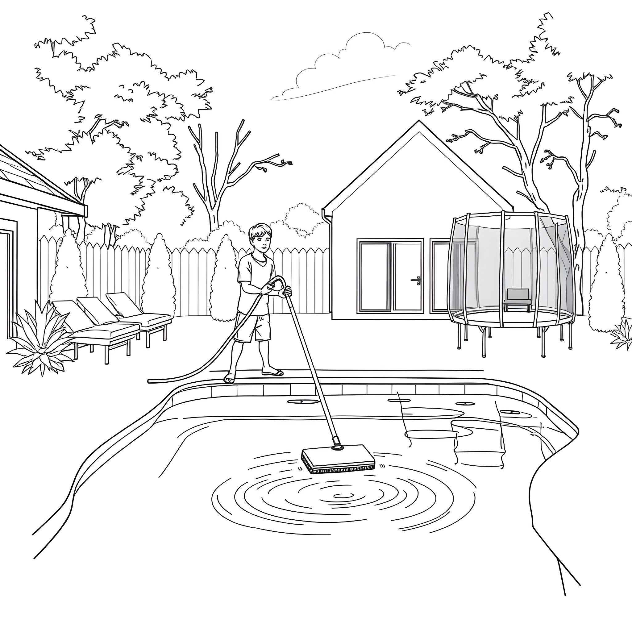 Teen Guy Cleaning Pool on a Sunny Day Coloring Page (free black-and-white line drawing printable PDF for all, from beginners to advanced learners, including children, teens, adults, and seniors)