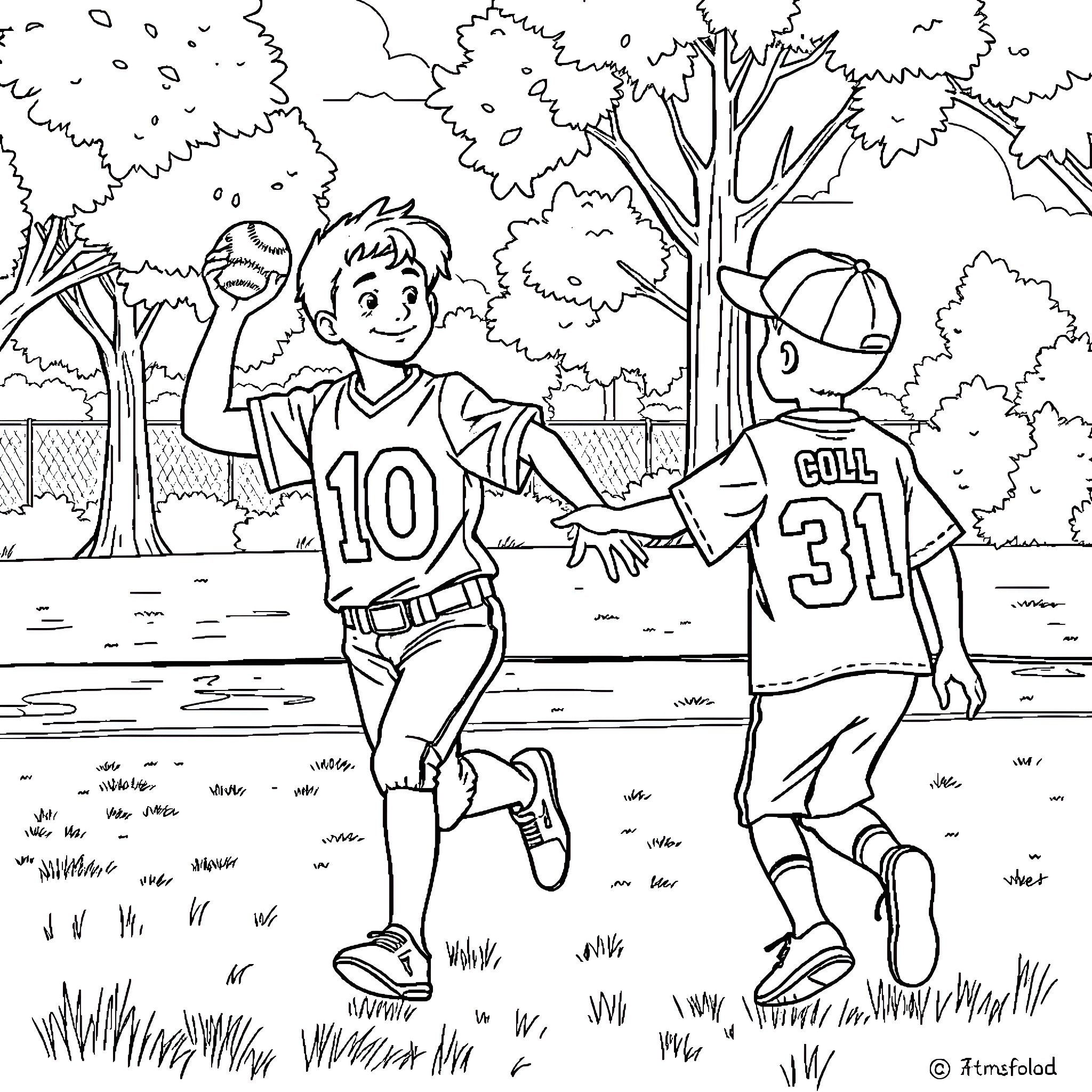 Boy playing sports with friend in park Coloring Page (free black-and-white line drawing printable PDF for all, from beginners to advanced learners, including children, teens, adults, and seniors)