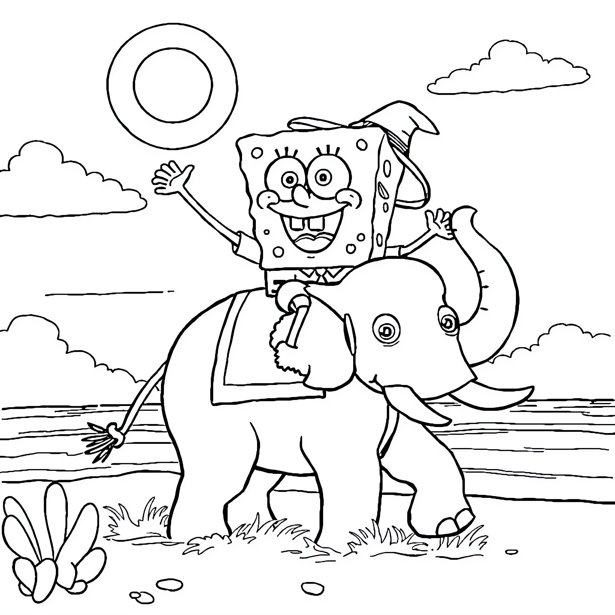 Spongebob riding on an elephant at the beach Coloring Page (free black-and-white line drawing printable PDF for all, from beginners to advanced learners, including children, teens, adults, and seniors)
