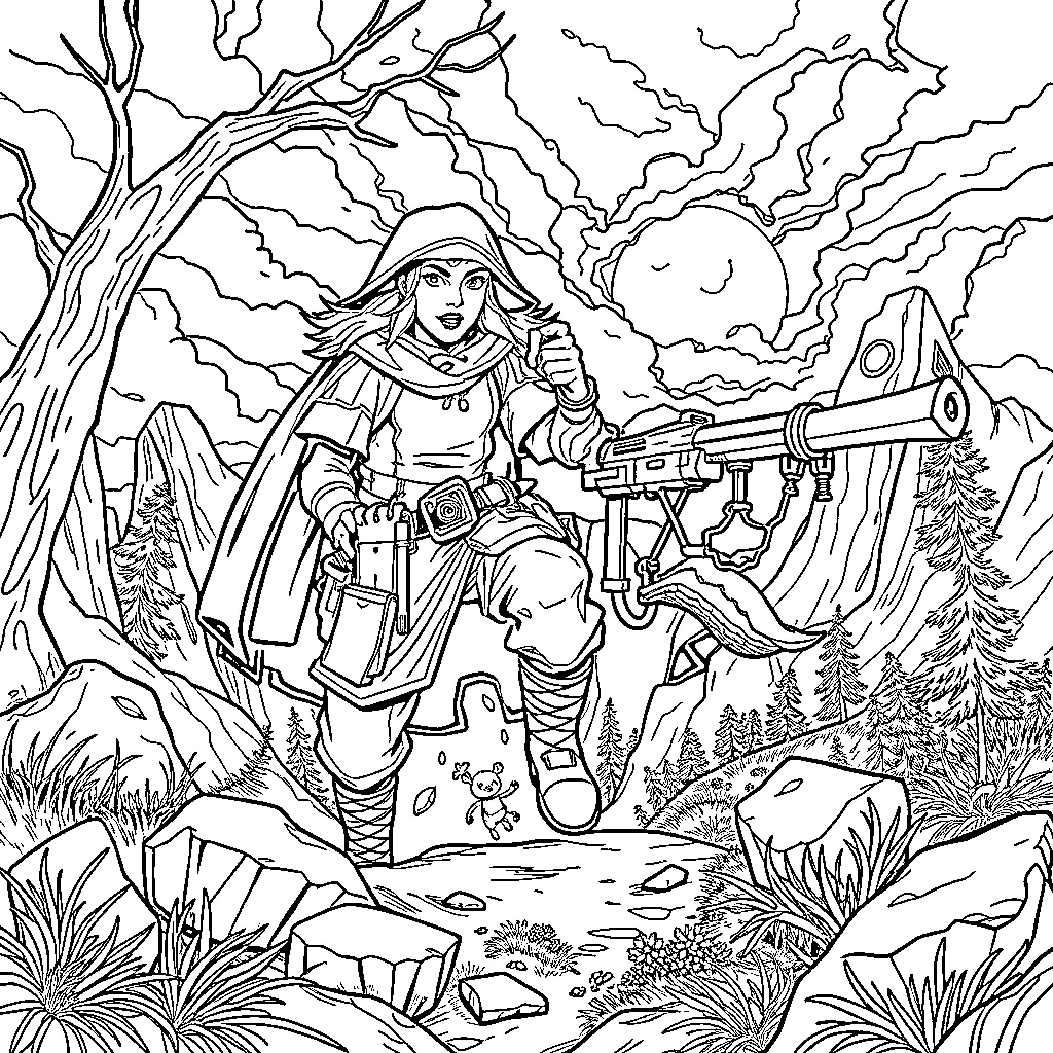 Huntrix: Warrior Maiden in Mystical Wilderness Coloring Page (free black-and-white line drawing printable PDF for all, from beginners to advanced learners, including children, teens, adults, and seniors)