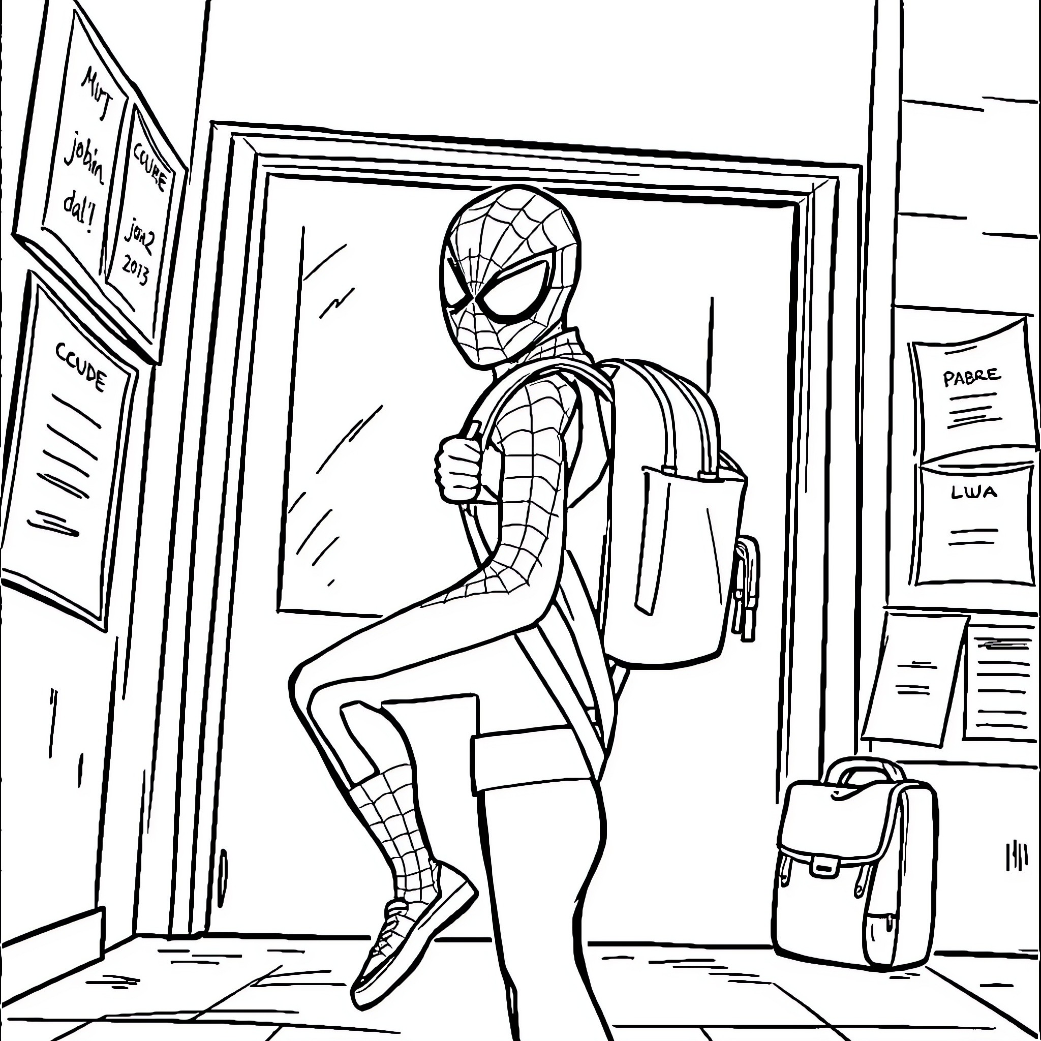 Spider-Man rushing through school hallway Coloring Page (free black-and-white line drawing printable PDF for all, from beginners to advanced learners, including children, teens, adults, and seniors)