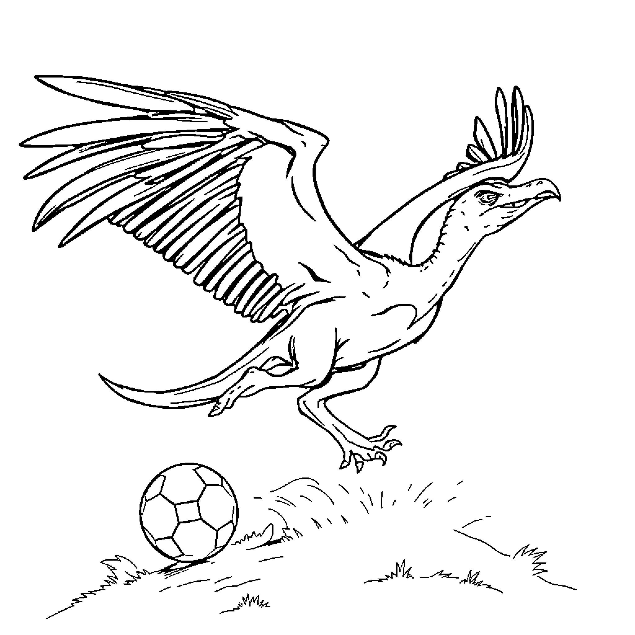 Pterodactyl playing with soccer ball in nature Coloring Page (free black-and-white line drawing printable PDF for all, from beginners to advanced learners, including children, teens, adults, and seniors)