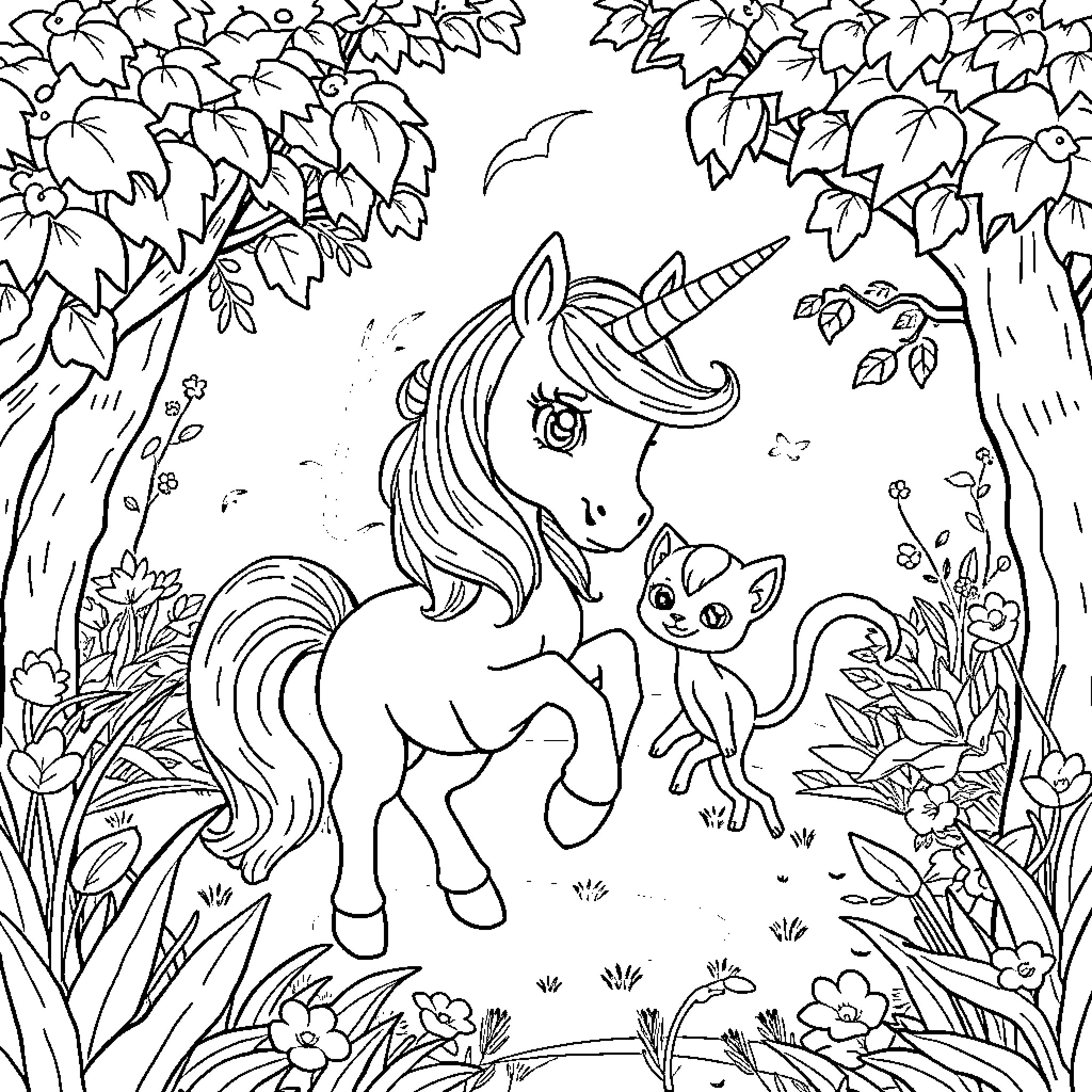 Unicorn Playing with Cute Companions in Enchanted Forest Coloring Page (free black-and-white line drawing printable PDF for all, from beginners to advanced learners, including children, teens, adults, and seniors)