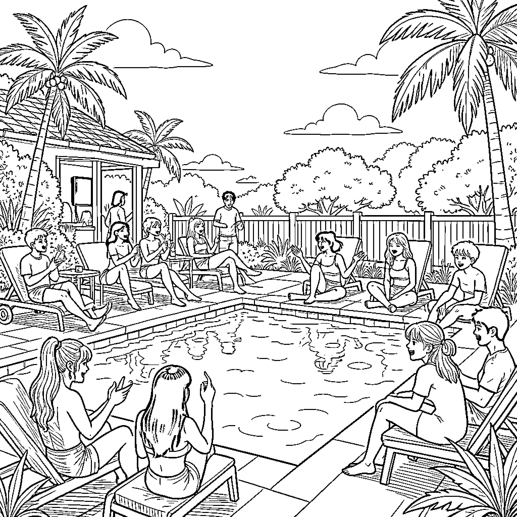 K Pop stars relaxing by a tropical pool Coloring Page (free black-and-white line drawing printable PDF for all, from beginners to advanced learners, including children, teens, adults, and seniors)