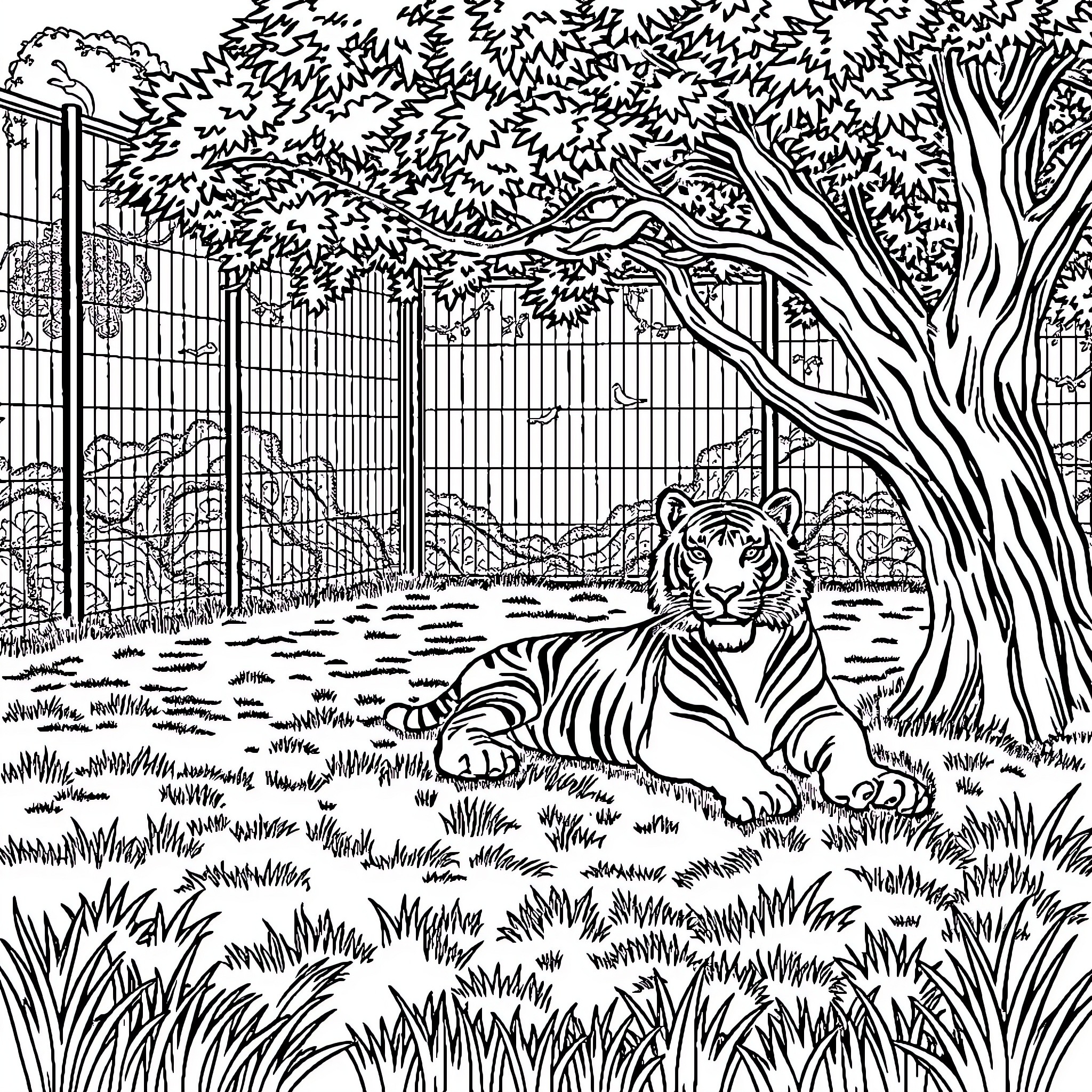 Tiger resting under the tree in the wilderness Coloring Page (free black-and-white line drawing printable PDF for all, from beginners to advanced learners, including children, teens, adults, and seniors)