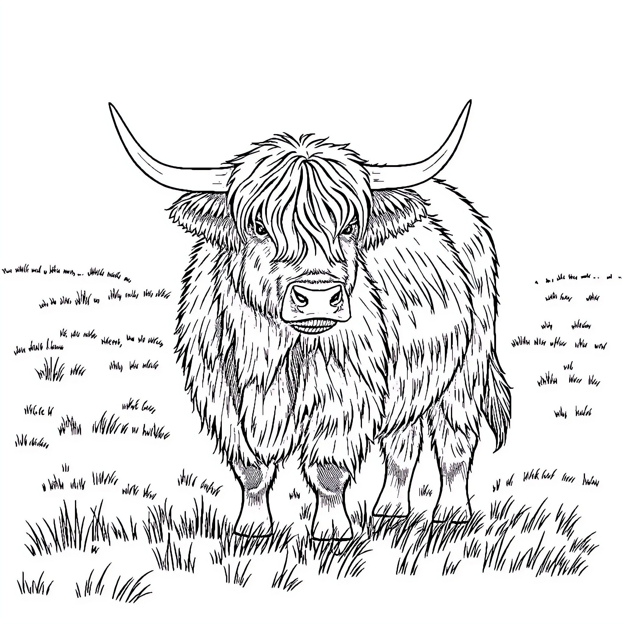 Scottish Highland Cow standing proudly in a grassy field Coloring Page (free black-and-white line drawing printable PDF for all, from beginners to advanced learners, including children, teens, adults, and seniors)