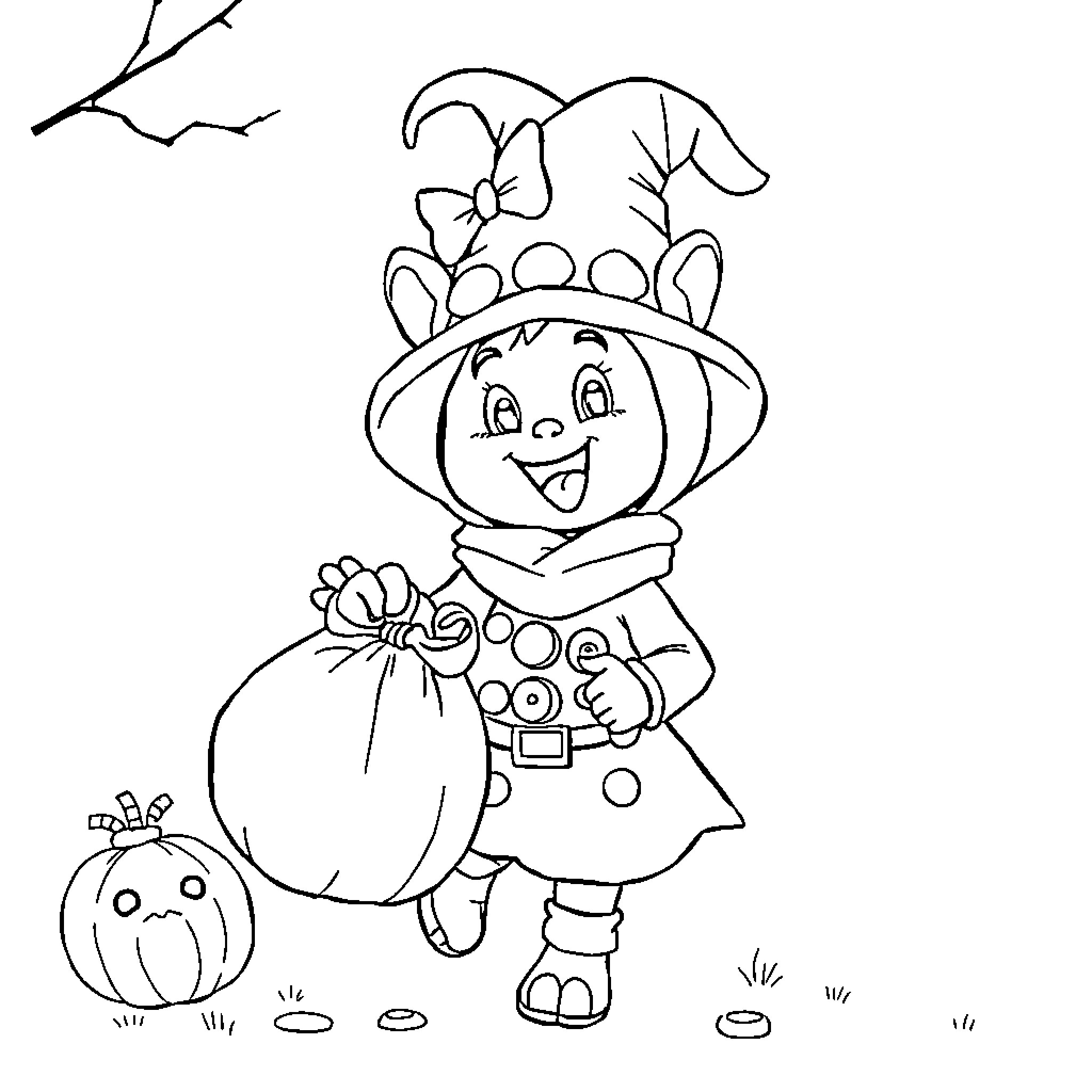 Rumi character in Halloween costume Coloring Page (free black-and-white line drawing printable PDF for all, from beginners to advanced learners, including children, teens, adults, and seniors)