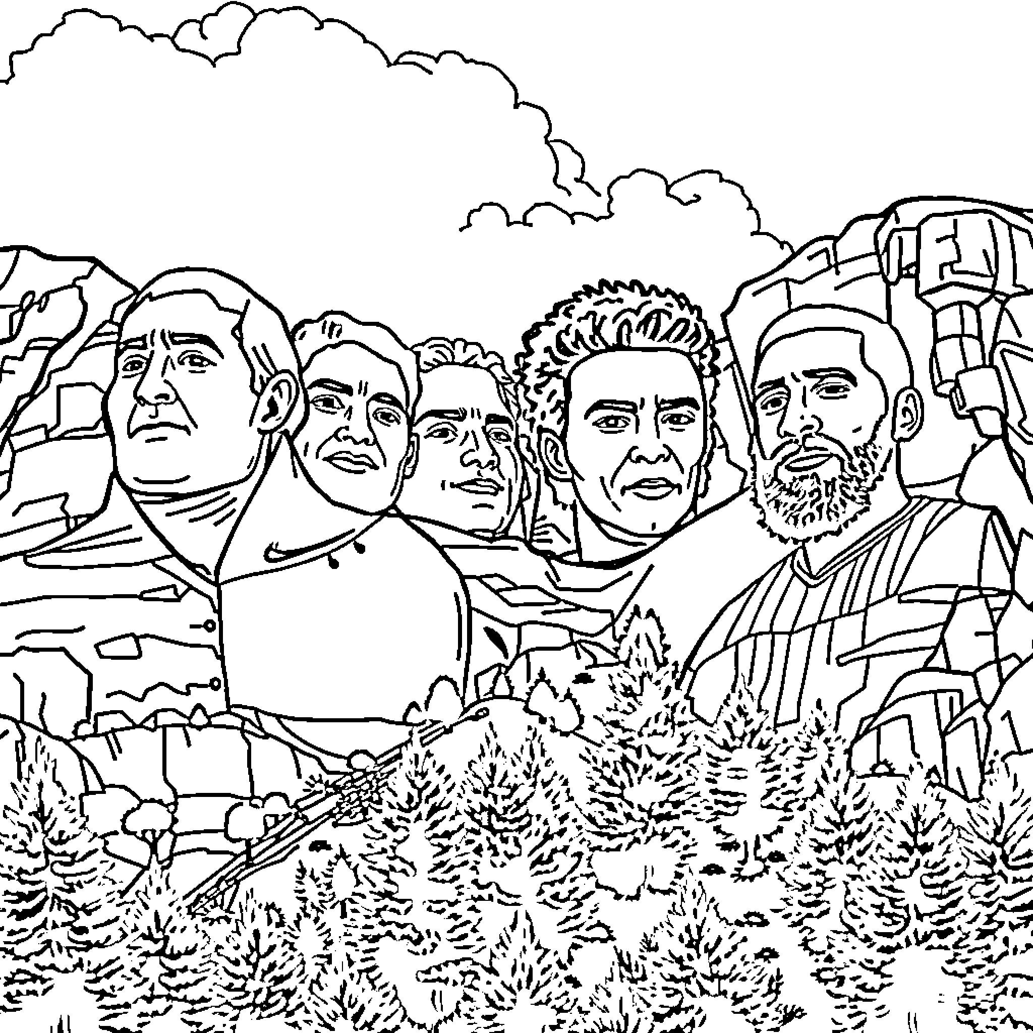Soccer Player Portraits on Mount Rushmore Coloring Page (free black-and-white line drawing printable PDF for all, from beginners to advanced learners, including children, teens, adults, and seniors)