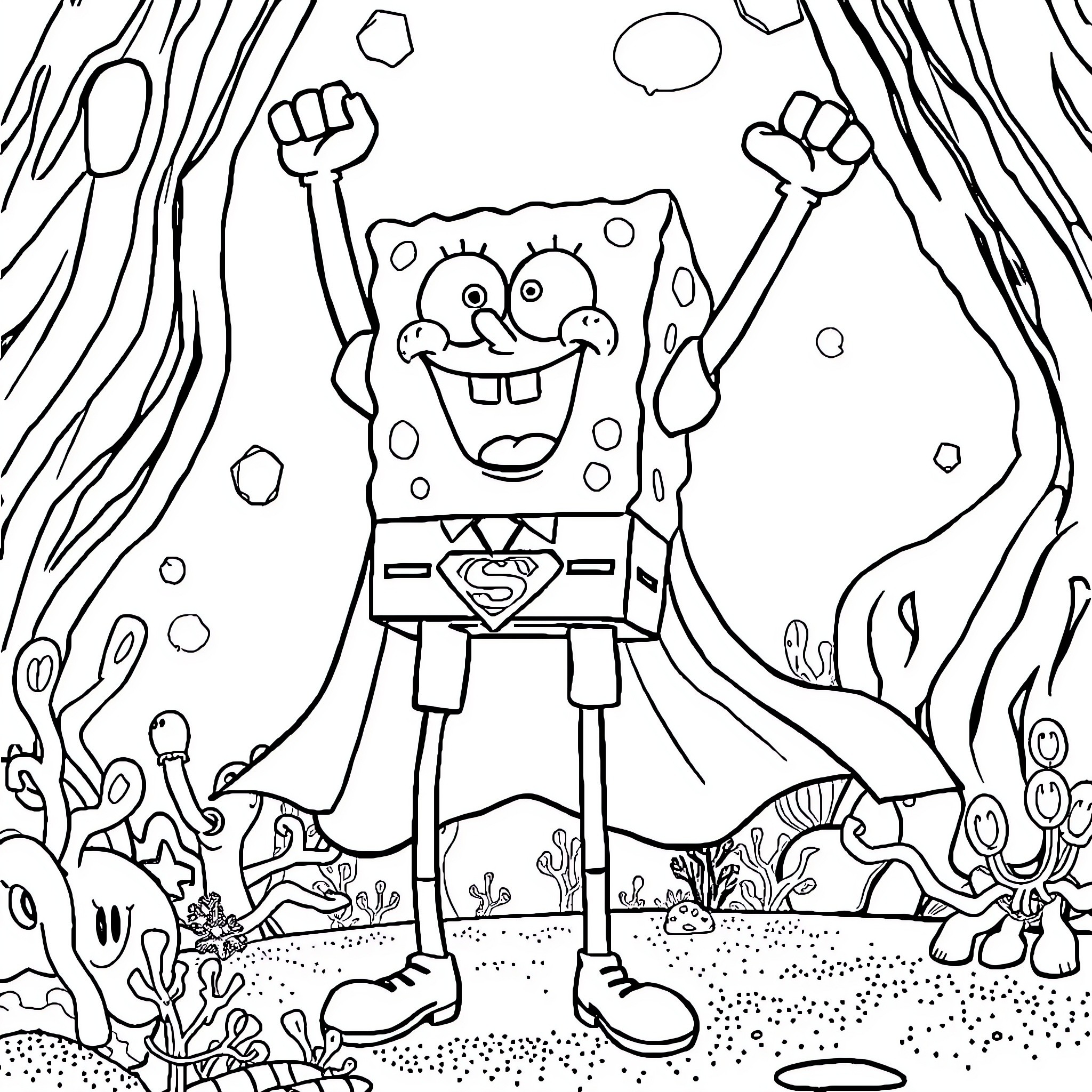 Spongebob excitedly exploring the underwater world Coloring Page (free black-and-white line drawing printable PDF for all, from beginners to advanced learners, including children, teens, adults, and seniors)