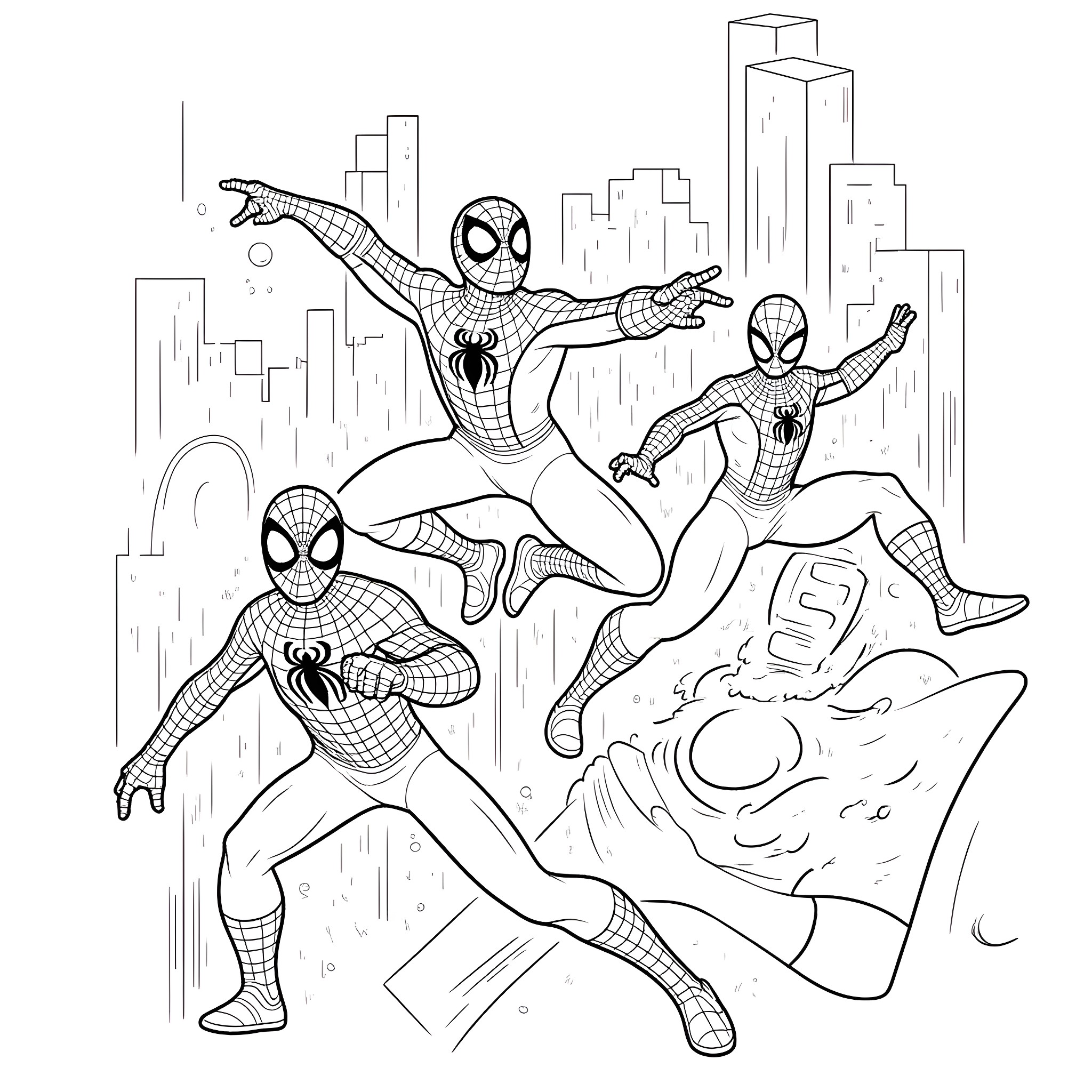 Spidey superheroes leaping in the city Coloring Page (free black-and-white line drawing printable PDF for all, from beginners to advanced learners, including children, teens, adults, and seniors)