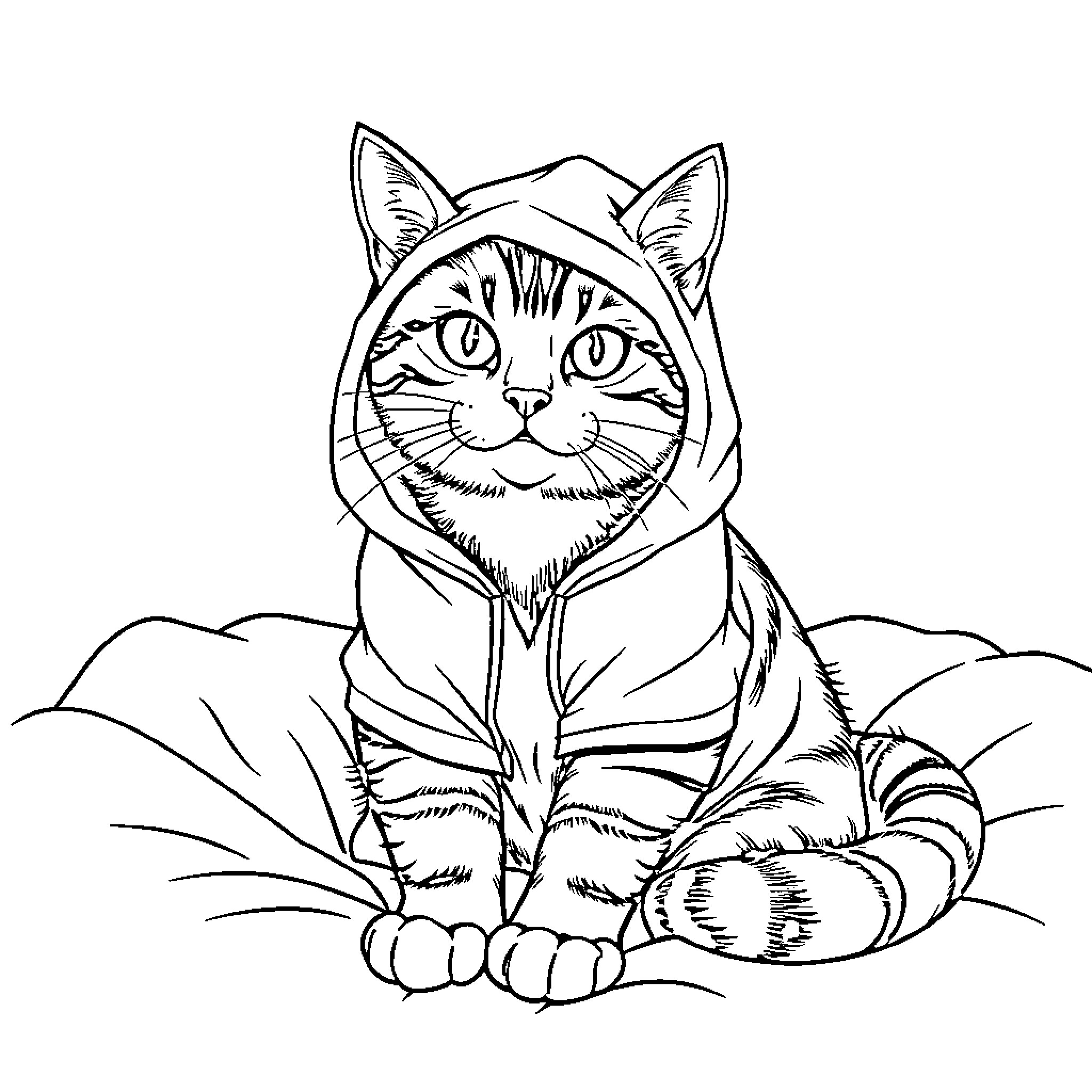 Tabby Cat Wearing a Cozy Hoodie Coloring Page (free black-and-white line drawing printable PDF for all, from beginners to advanced learners, including children, teens, adults, and seniors)