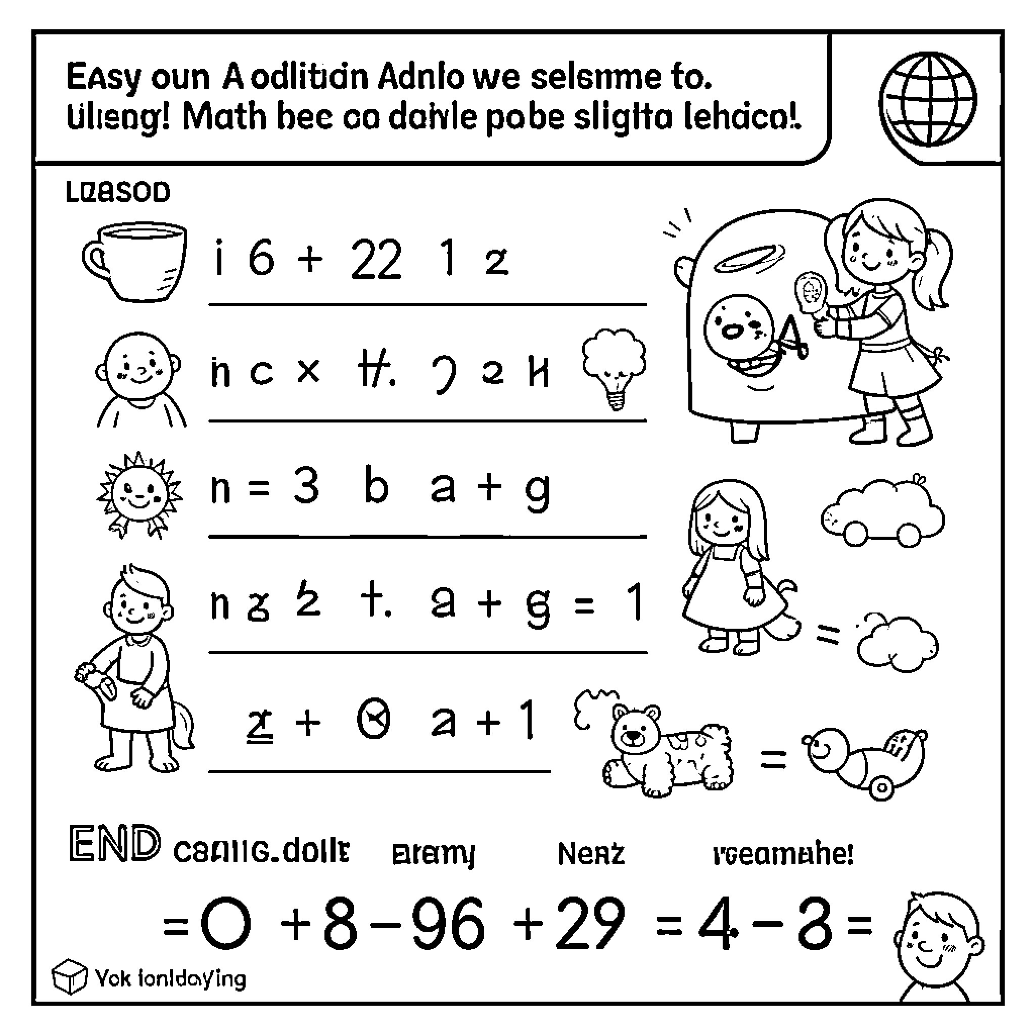 Math problems surrounded by cute cartoon characters and doodles Coloring Page (free black-and-white line drawing printable PDF for all, from beginners to advanced learners, including children, teens, adults, and seniors)