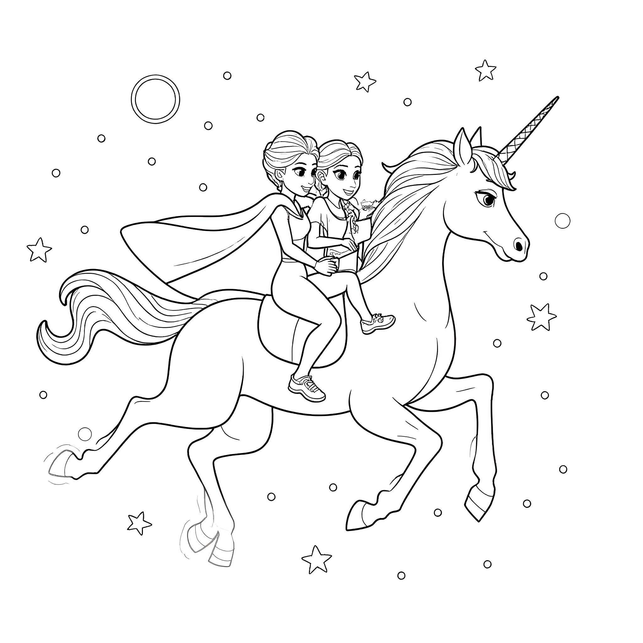 Unicorn sisters riding through the magical starry night Coloring Page (free black-and-white line drawing printable PDF for all, from beginners to advanced learners, including children, teens, adults, and seniors)