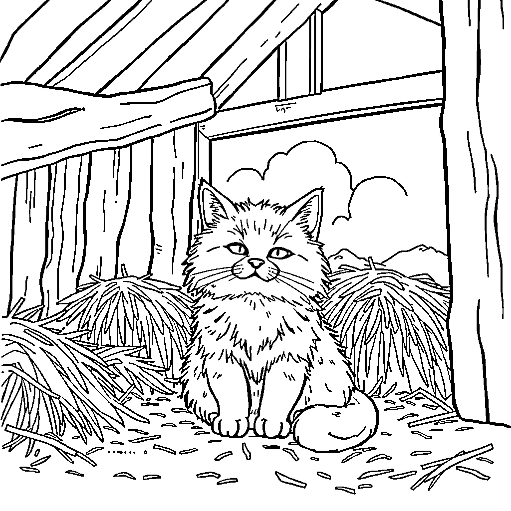 Cat sitting in the barn Coloring Page (free black-and-white line drawing printable PDF for all, from beginners to advanced learners, including children, teens, adults, and seniors)