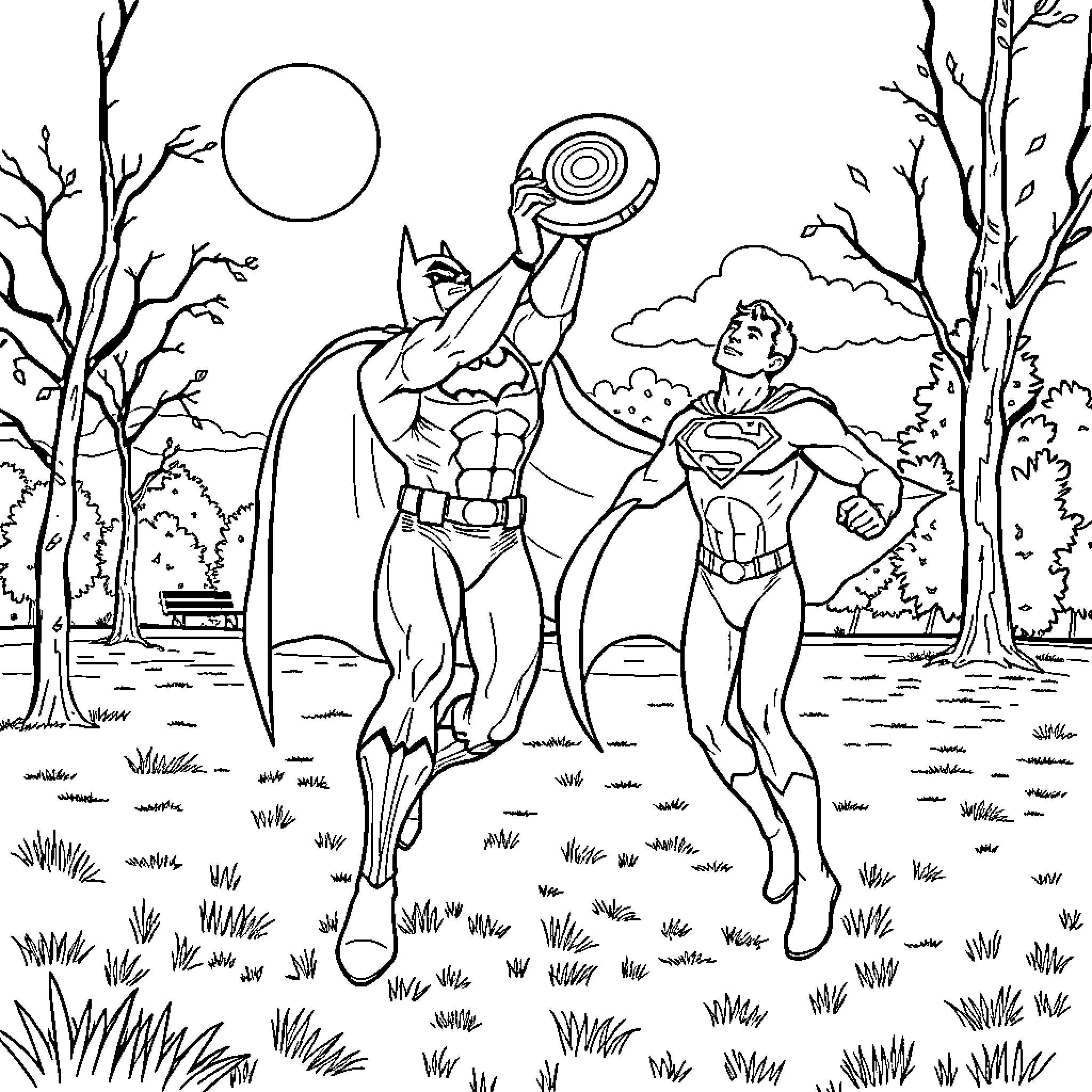 Batman and Superman face off in the wilderness Coloring Page (free black-and-white line drawing printable PDF for all, from beginners to advanced learners, including children, teens, adults, and seniors)