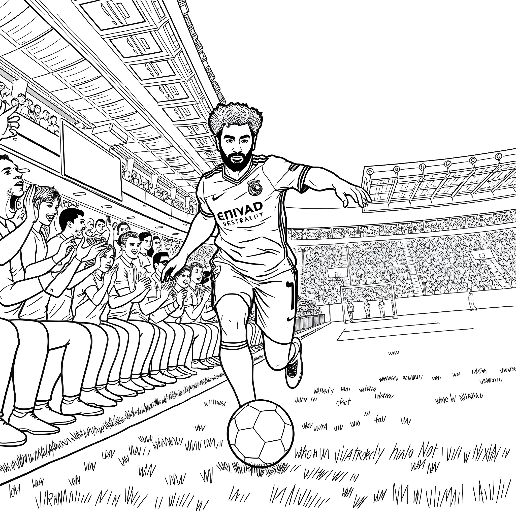 Salah playing football in the stadium Coloring Page (free black-and-white line drawing printable PDF for all, from beginners to advanced learners, including children, teens, adults, and seniors)
