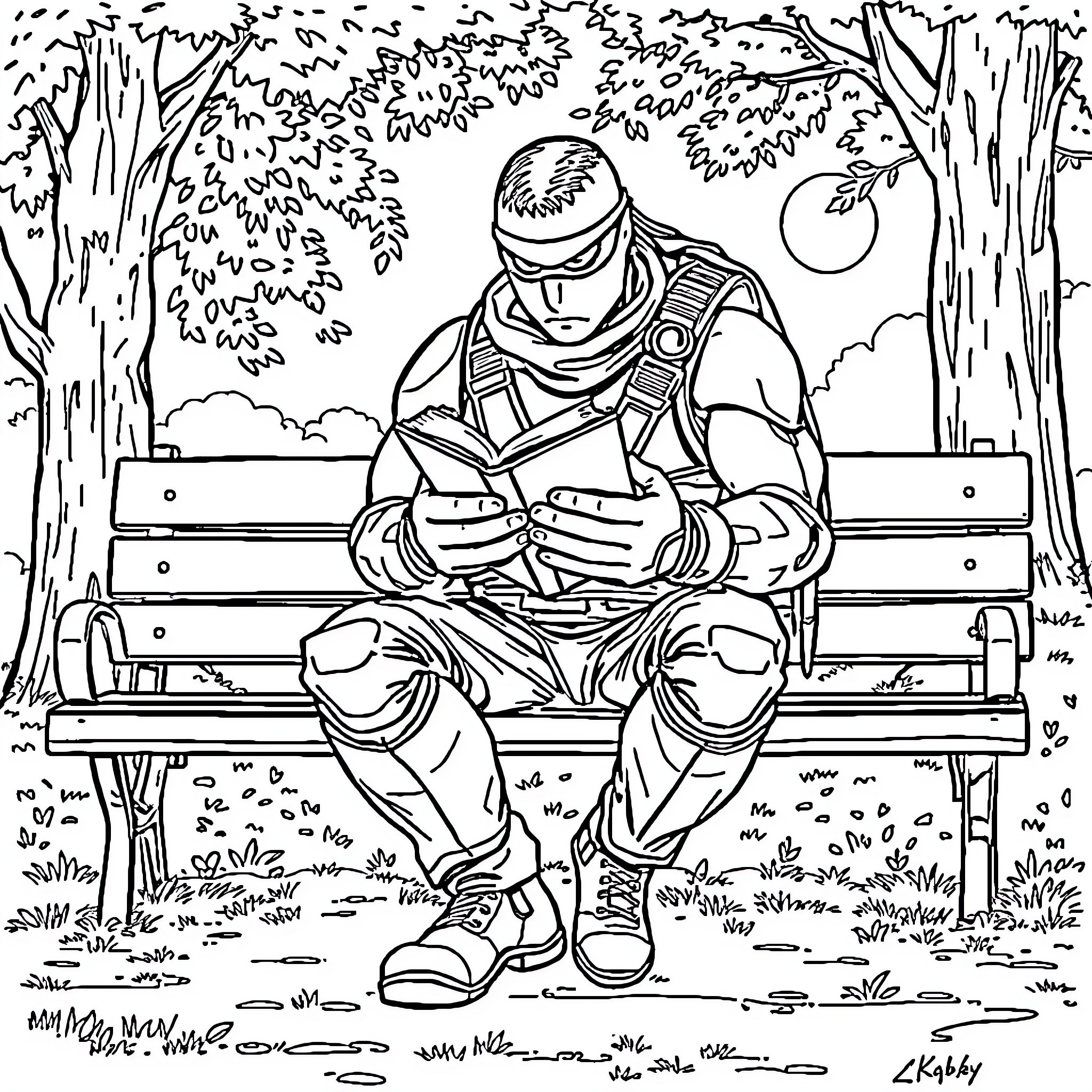 Snake resting on a park bench in a wooded area Coloring Page (free black-and-white line drawing printable PDF for all, from beginners to advanced learners, including children, teens, adults, and seniors)