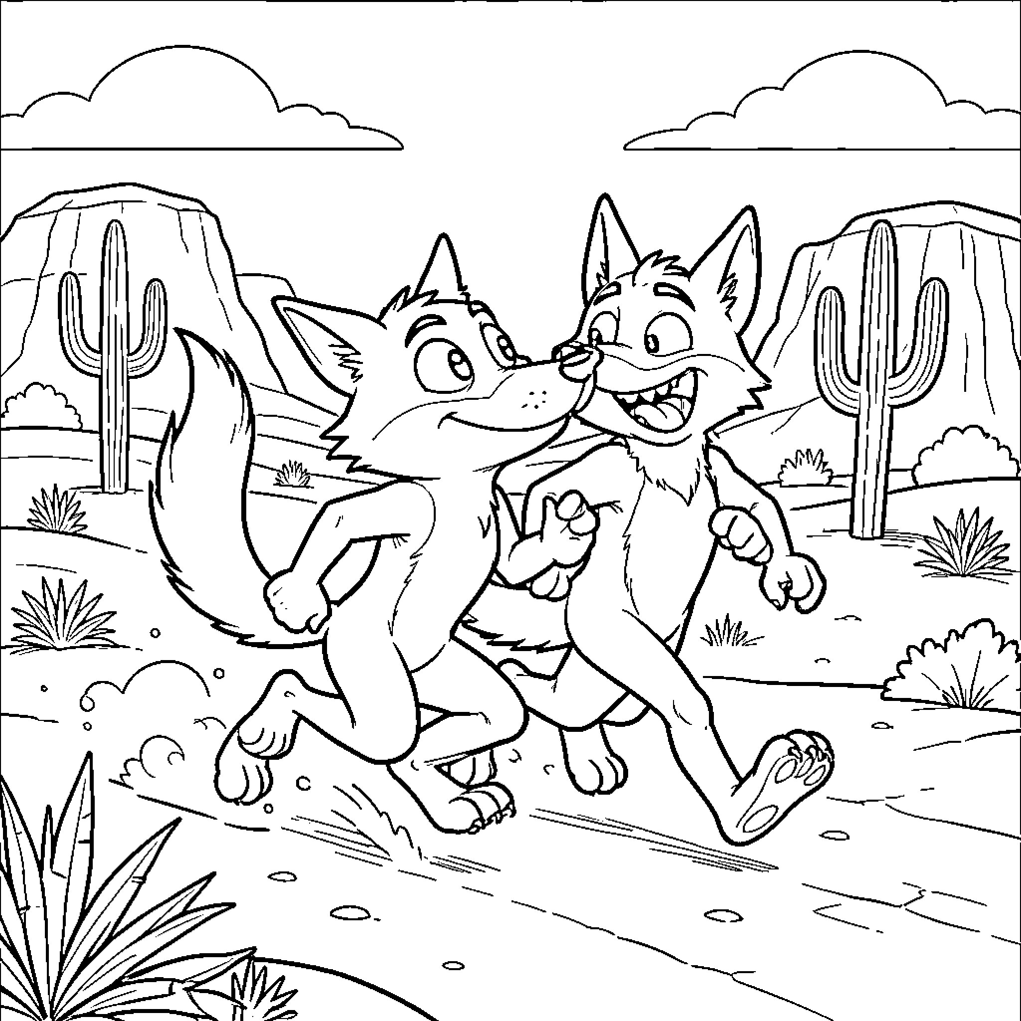 Road Runner chasing coyote in the desert Coloring Page (free black-and-white line drawing printable PDF for all, from beginners to advanced learners, including children, teens, adults, and seniors)