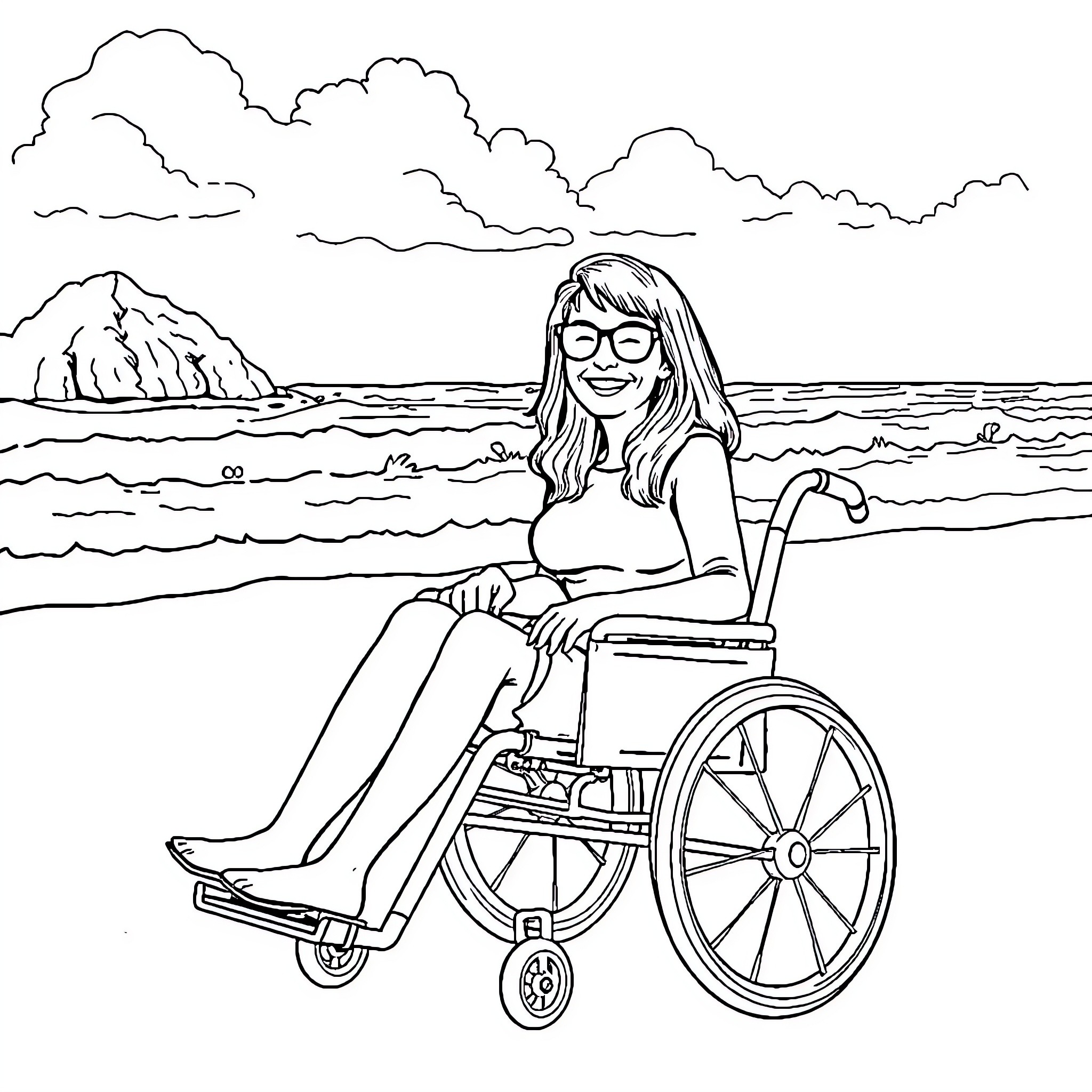 Monica's Seaside Adventure in a Wheelchair Coloring Page (free black-and-white line drawing printable PDF for all, from beginners to advanced learners, including children, teens, adults, and seniors)