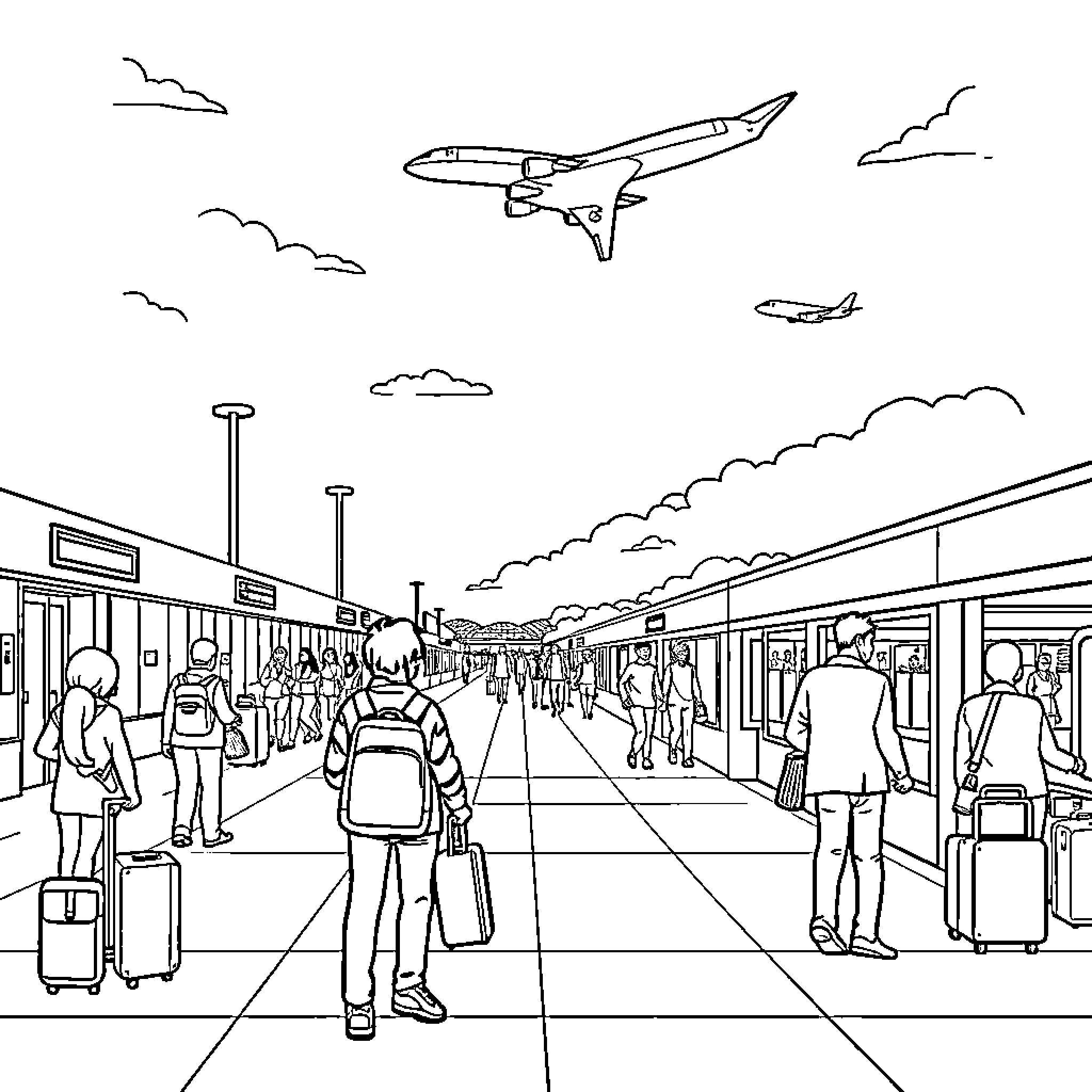 Airport busy with travelers and aircraft Coloring Page (free black-and-white line drawing printable PDF for all, from beginners to advanced learners, including children, teens, adults, and seniors)