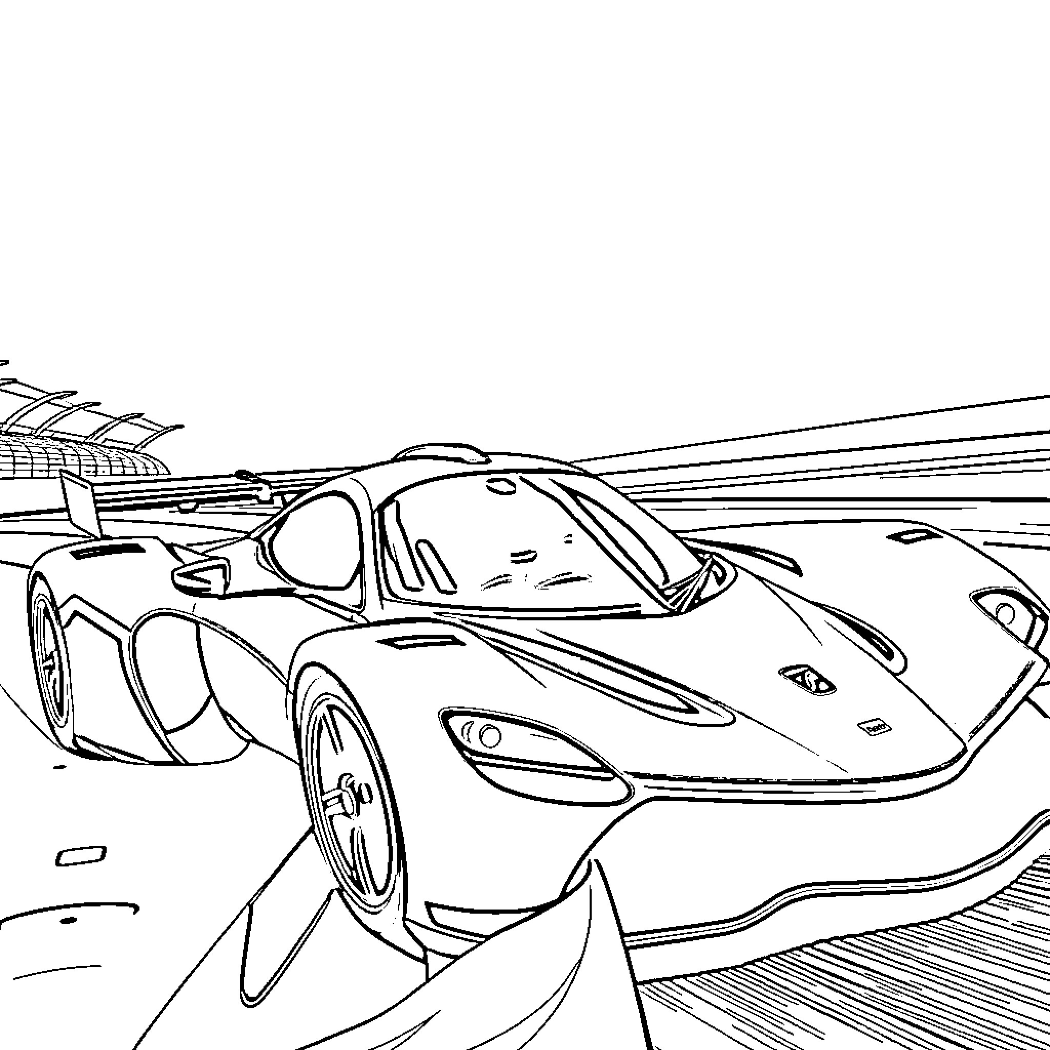 McLaren F1 racing on high-speed track Coloring Page (free black-and-white line drawing printable PDF for all, from beginners to advanced learners, including children, teens, adults, and seniors)