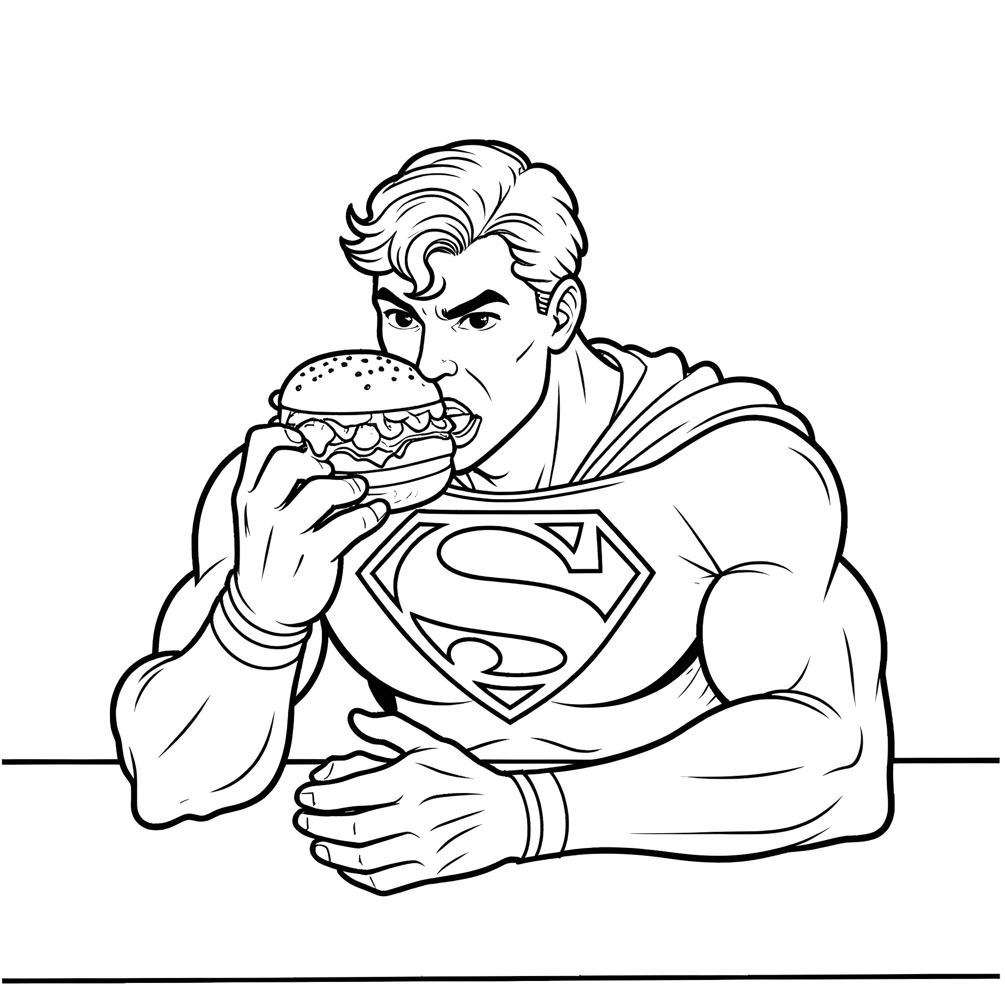 Superman Enjoying a Hearty Meal Coloring Page (free black-and-white line drawing printable PDF for all, from beginners to advanced learners, including children, teens, adults, and seniors)