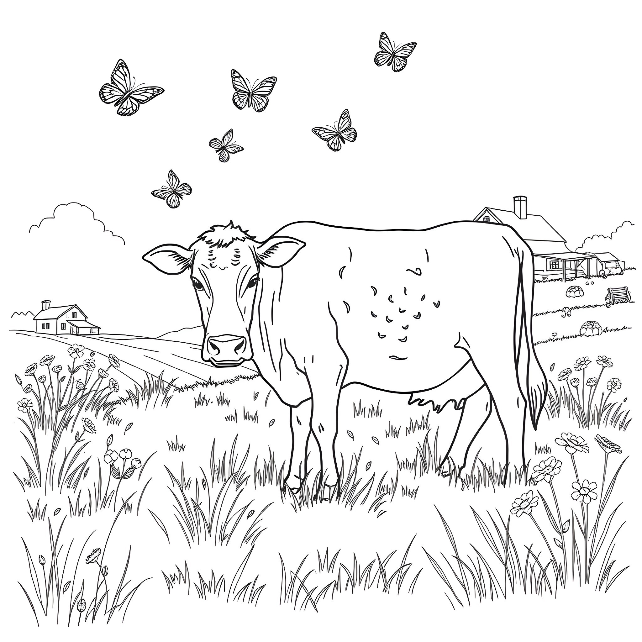Cow grazing peacefully in a pastoral landscape Coloring Page (free black-and-white line drawing printable PDF for all, from beginners to advanced learners, including children, teens, adults, and seniors)