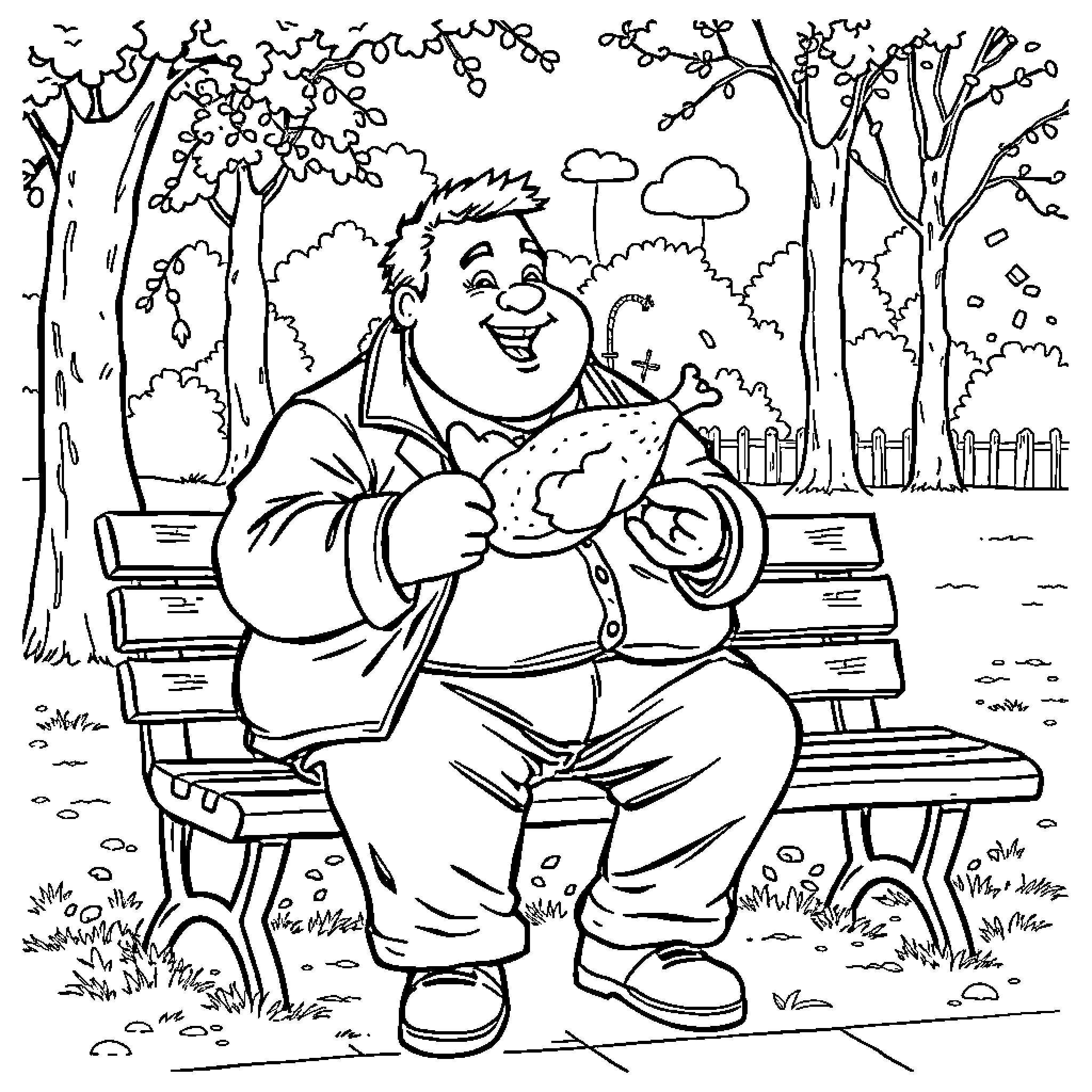 Guy smiling and holding a pet on a park bench Coloring Page (free black-and-white line drawing printable PDF for all, from beginners to advanced learners, including children, teens, adults, and seniors)