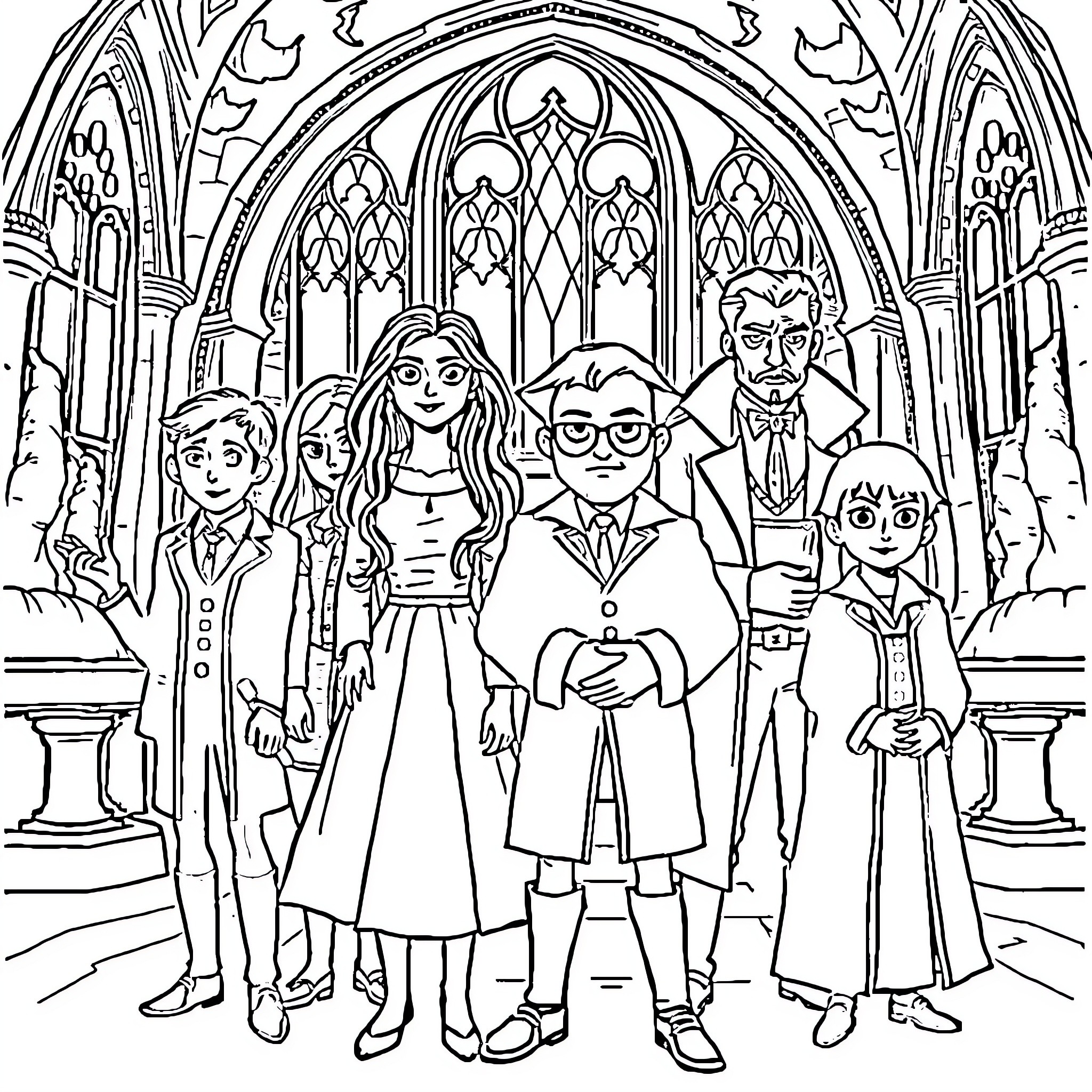 Personaje familiares posando en una iglesia Coloring Page (free black-and-white line drawing printable PDF for all, from beginners to advanced learners, including children, teens, adults, and seniors)