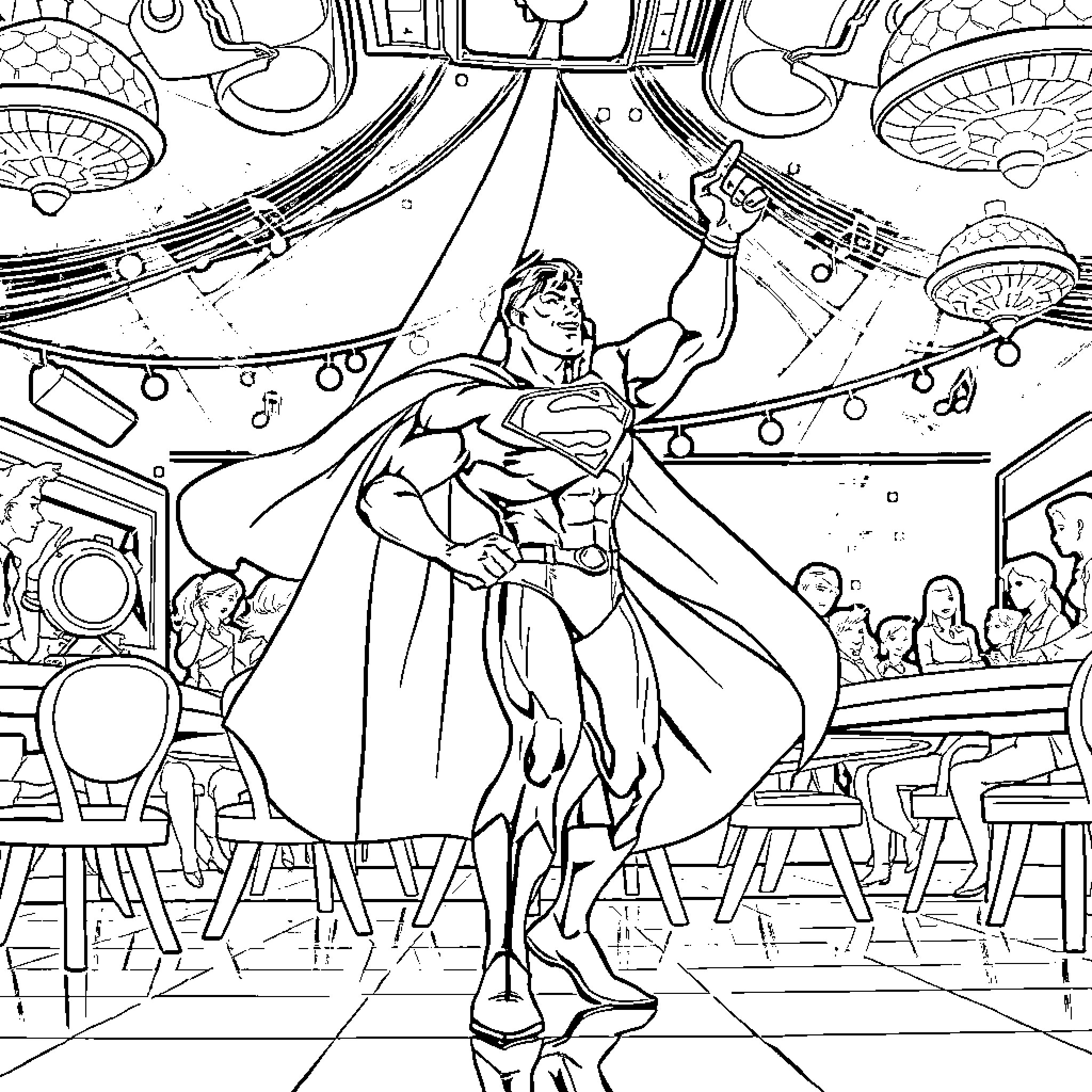 Superman's grand entrance at an elegant event Coloring Page (free black-and-white line drawing printable PDF for all, from beginners to advanced learners, including children, teens, adults, and seniors)