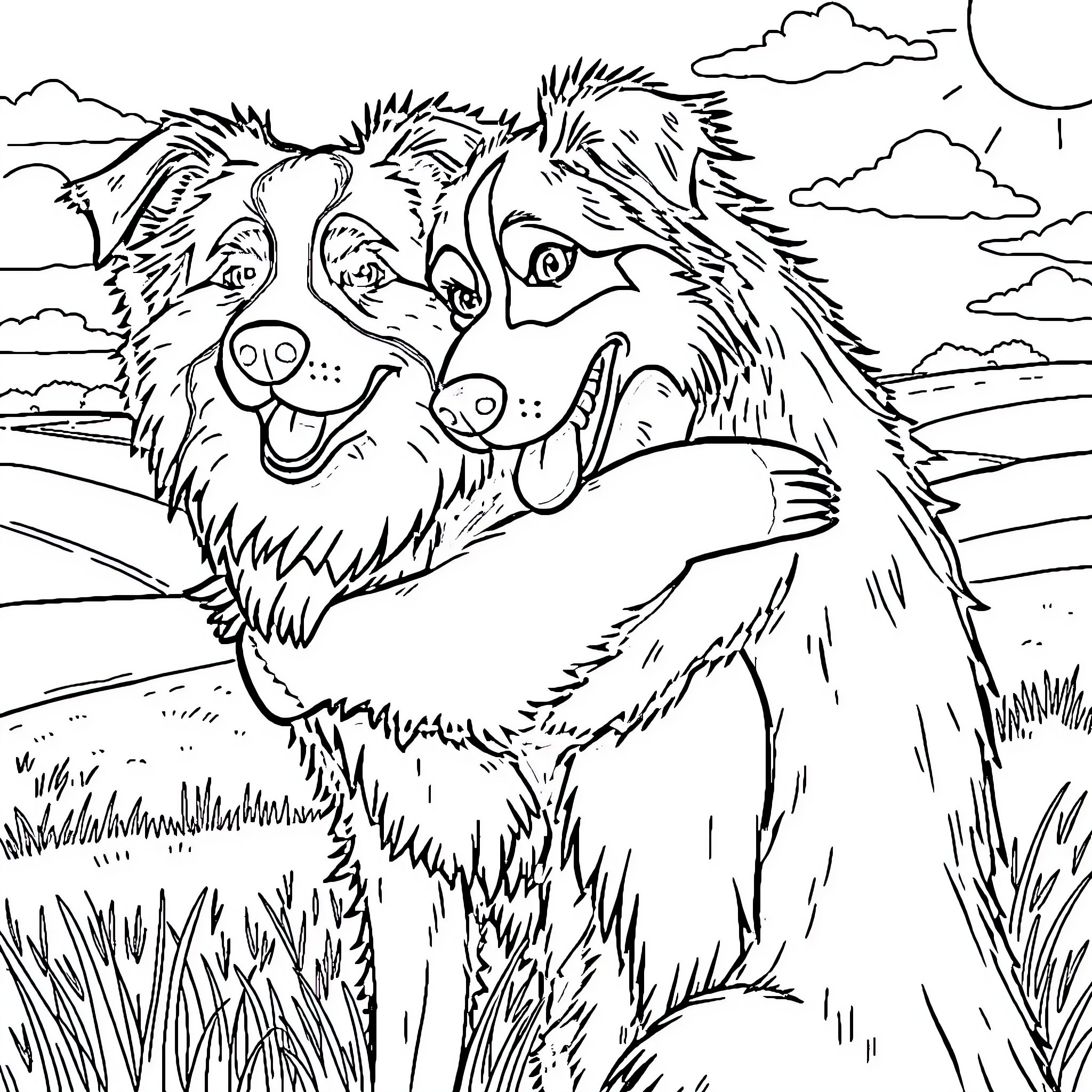 Dog playing happily in the field Coloring Page (free black-and-white line drawing printable PDF for all, from beginners to advanced learners, including children, teens, adults, and seniors)