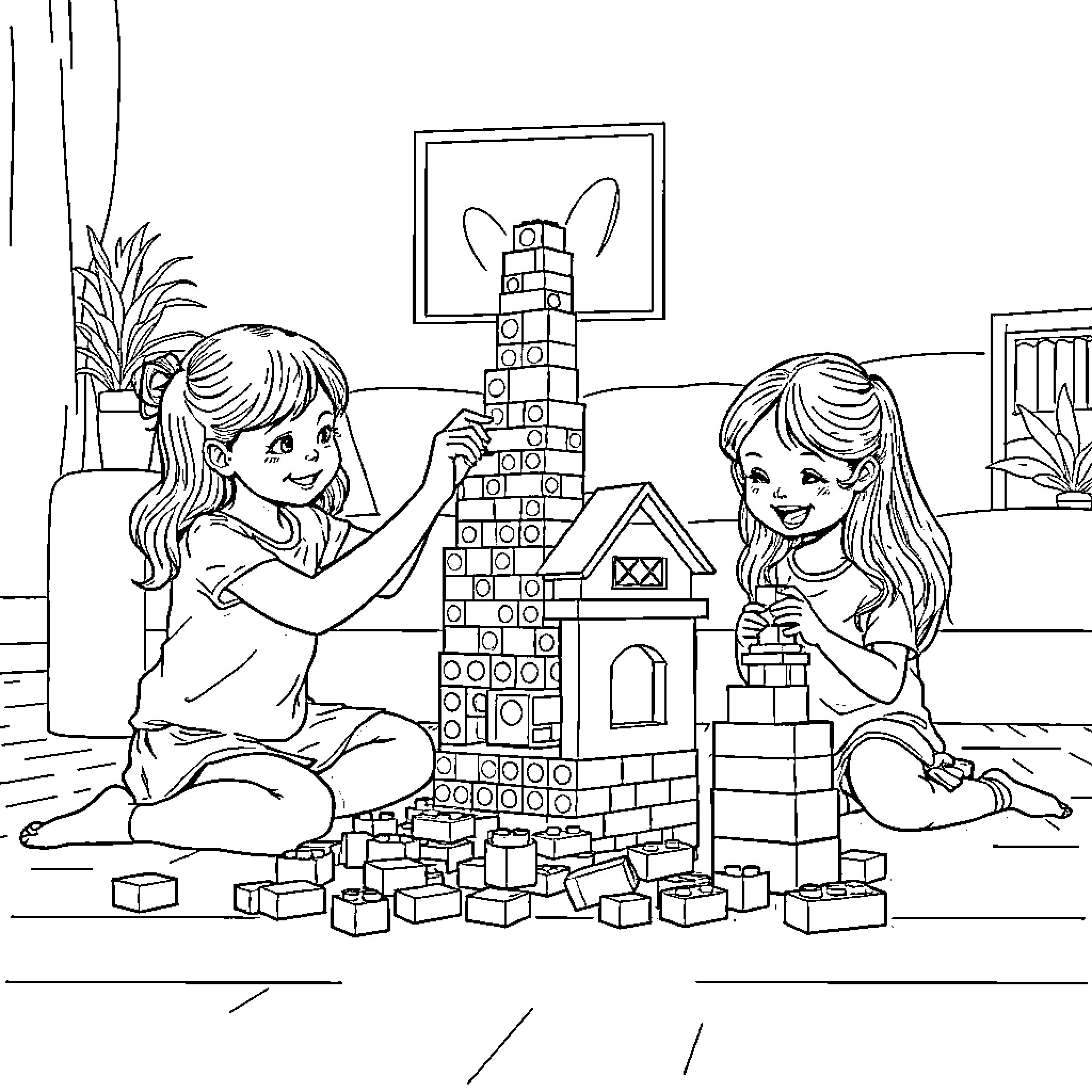 Sisters building a playful brick tower Coloring Page (free black-and-white line drawing printable PDF for all, from beginners to advanced learners, including children, teens, adults, and seniors)