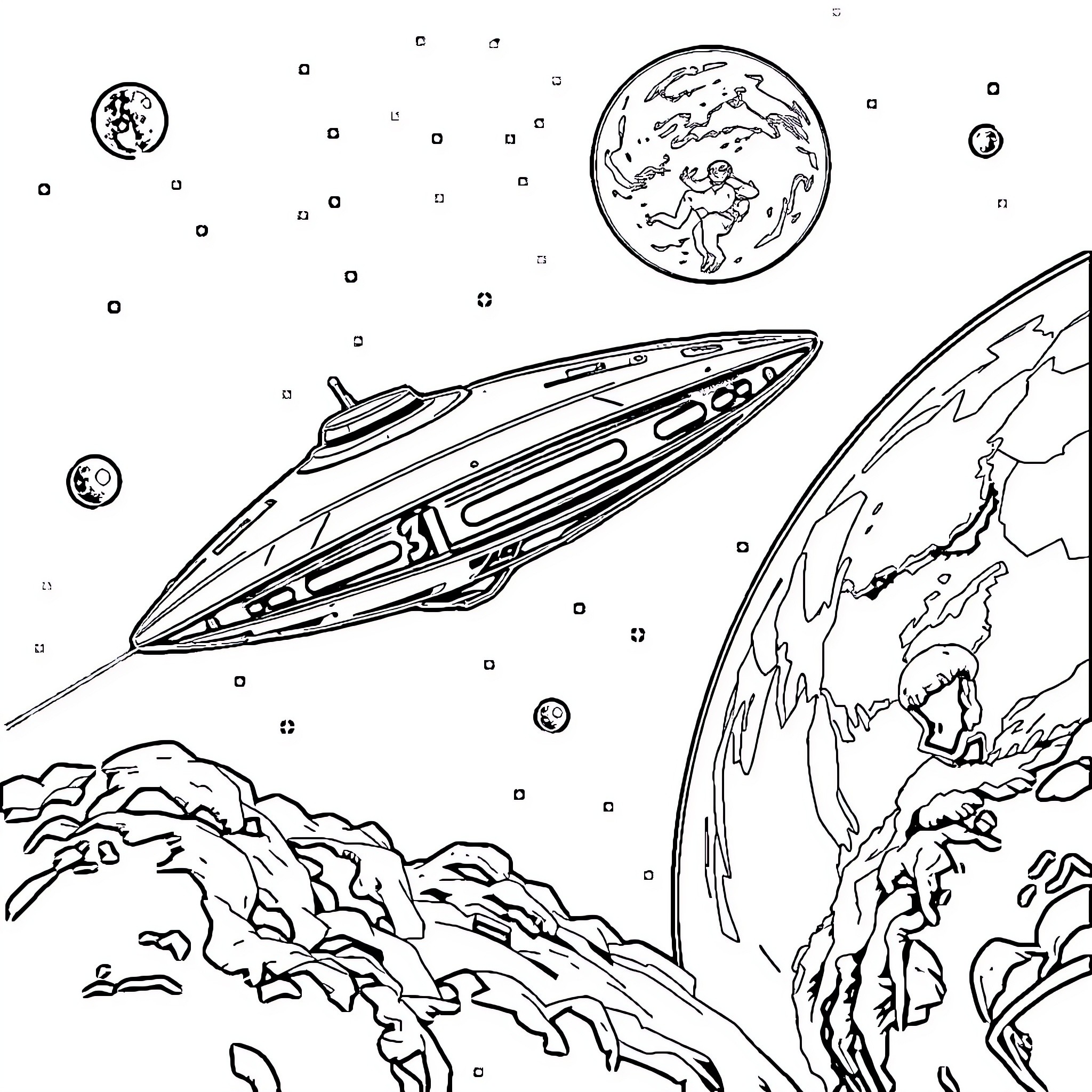 Alien Ship Soaring Through the Cosmos Coloring Page (free black-and-white line drawing printable PDF for all, from beginners to advanced learners, including children, teens, adults, and seniors)