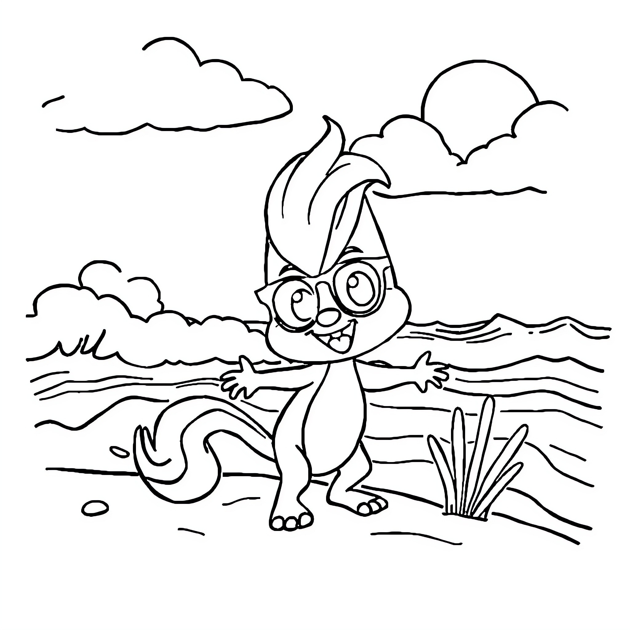 Sprunki exploring the beachfront Coloring Page (free black-and-white line drawing printable PDF for all, from beginners to advanced learners, including children, teens, adults, and seniors)