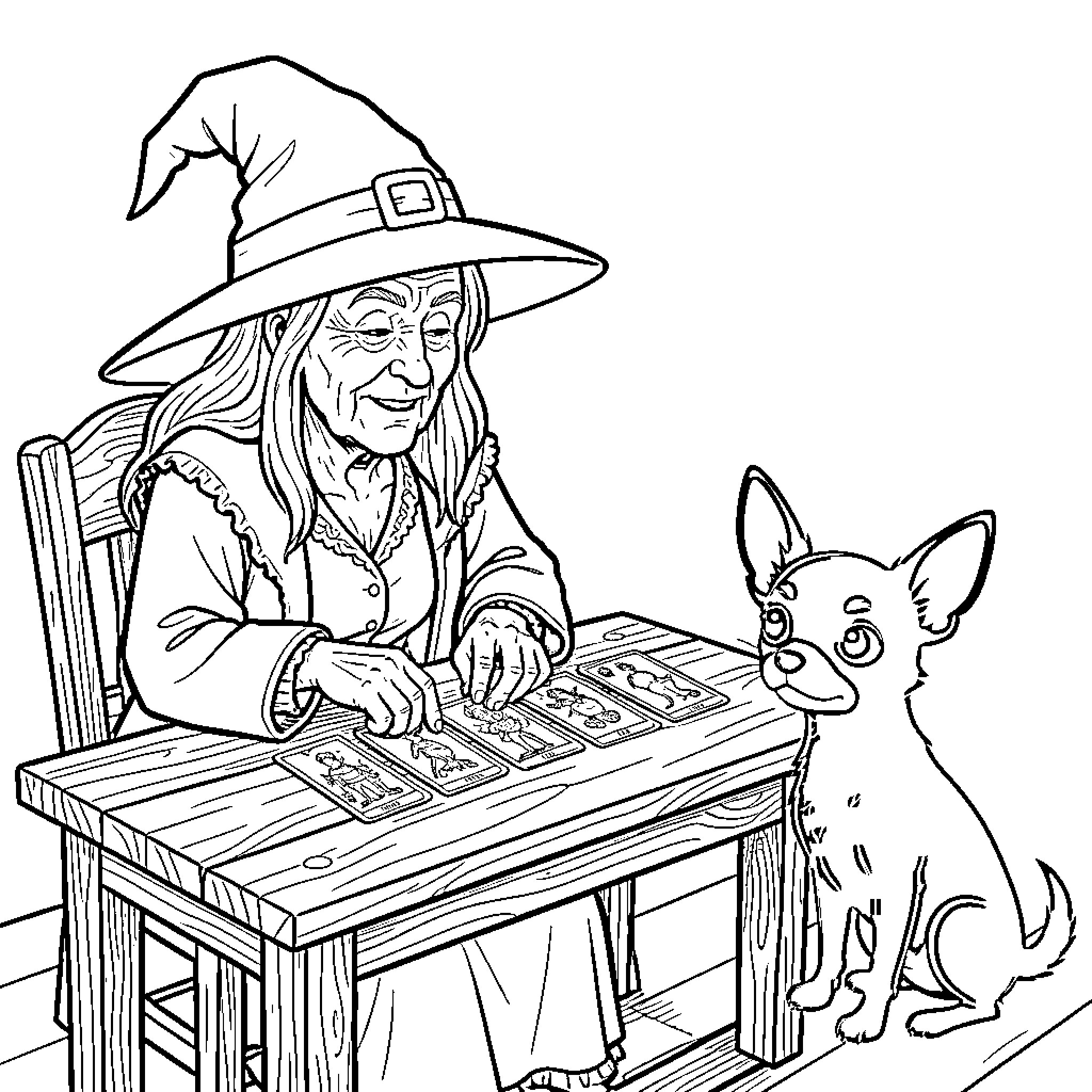 Witch reading cards with a curious dog Coloring Page (free black-and-white line drawing printable PDF for all, from beginners to advanced learners, including children, teens, adults, and seniors)