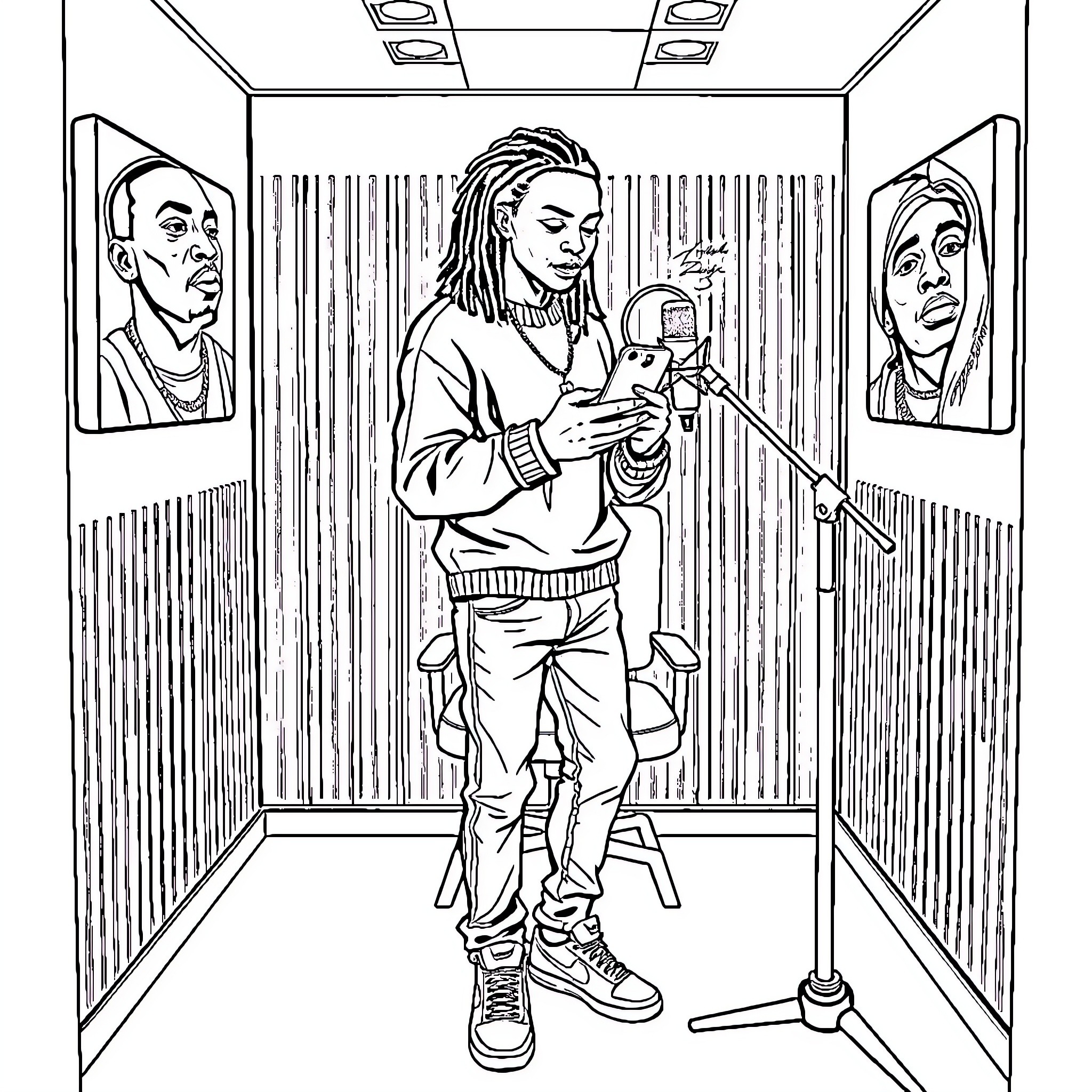 Rapper performs in studio with supporting images Coloring Page (free black-and-white line drawing printable PDF for all, from beginners to advanced learners, including children, teens, adults, and seniors)
