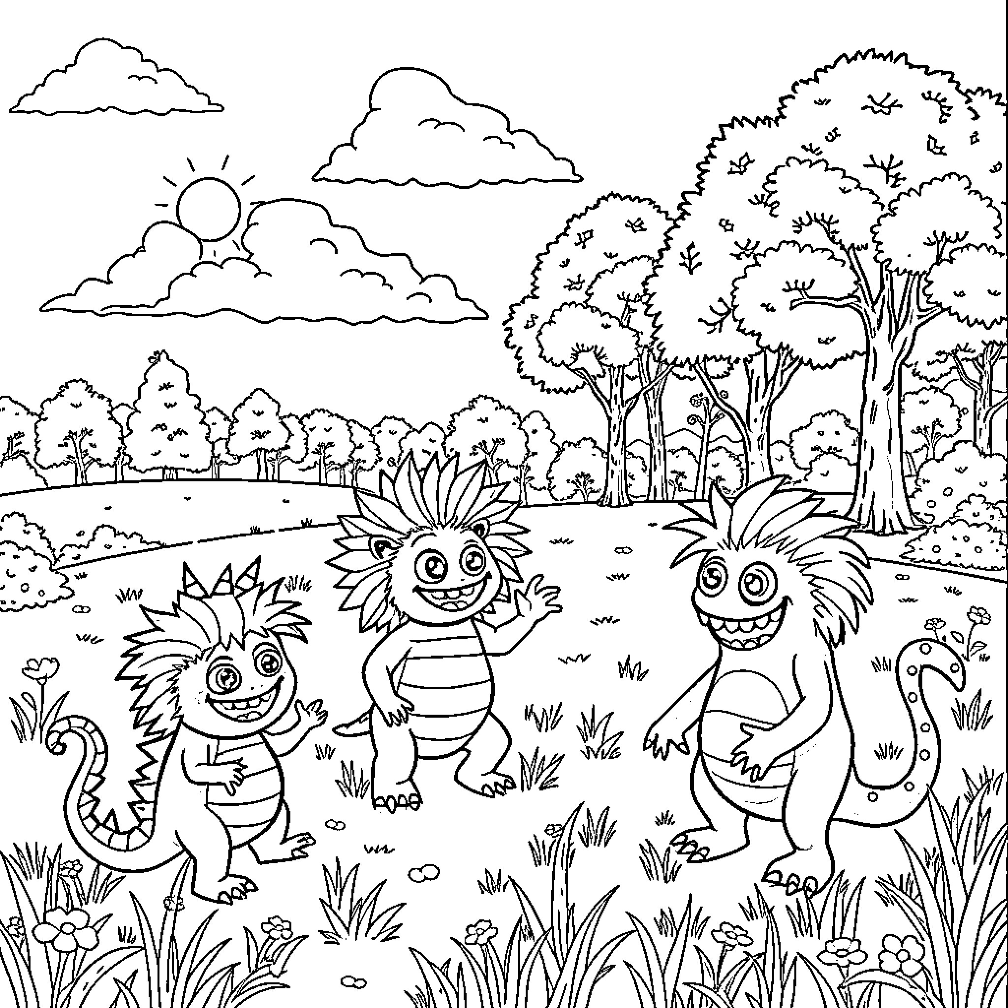 Monster creatures frolicking in a whimsical forest Coloring Page (free black-and-white line drawing printable PDF for all, from beginners to advanced learners, including children, teens, adults, and seniors)