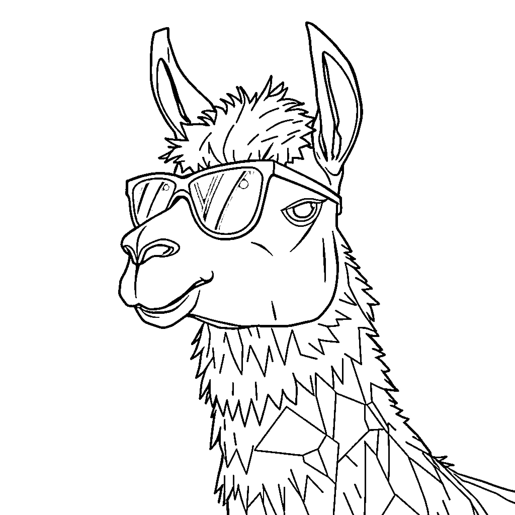Llama wearing sunglasses with a quirky expression Coloring Page (free black-and-white line drawing printable PDF for all, from beginners to advanced learners, including children, teens, adults, and seniors)