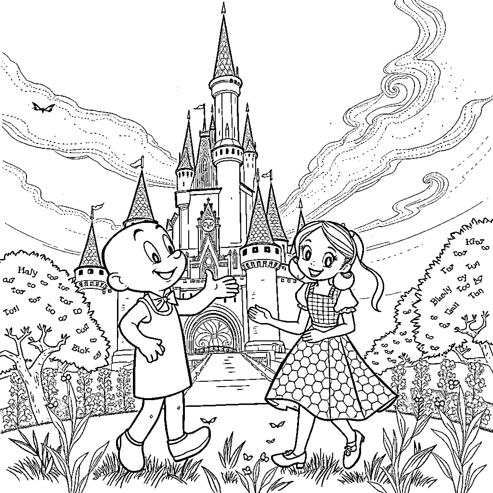 Bluey's Enchanted Castle Adventure Coloring Page (free black-and-white line drawing printable PDF for all, from beginners to advanced learners, including children, teens, adults, and seniors)