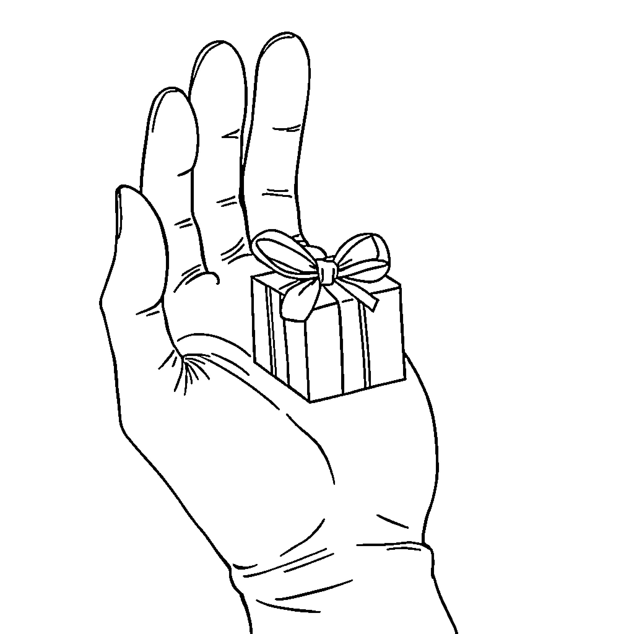 Hand offering wrapped gift Coloring Page (free black-and-white line drawing printable PDF for all, from beginners to advanced learners, including children, teens, adults, and seniors)