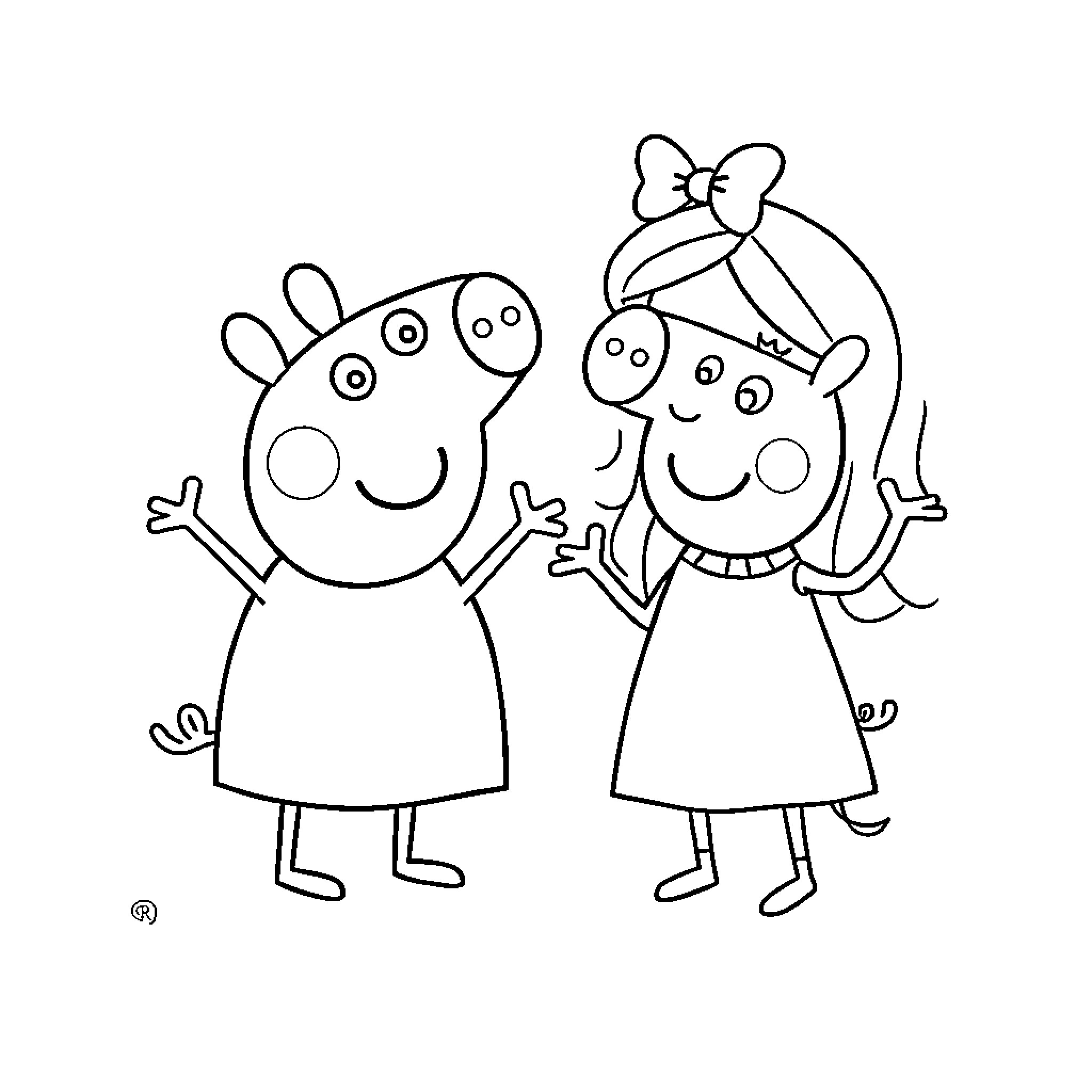 Peppa Pig and her friend having fun together Coloring Page (free black-and-white line drawing printable PDF for all, from beginners to advanced learners, including children, teens, adults, and seniors)