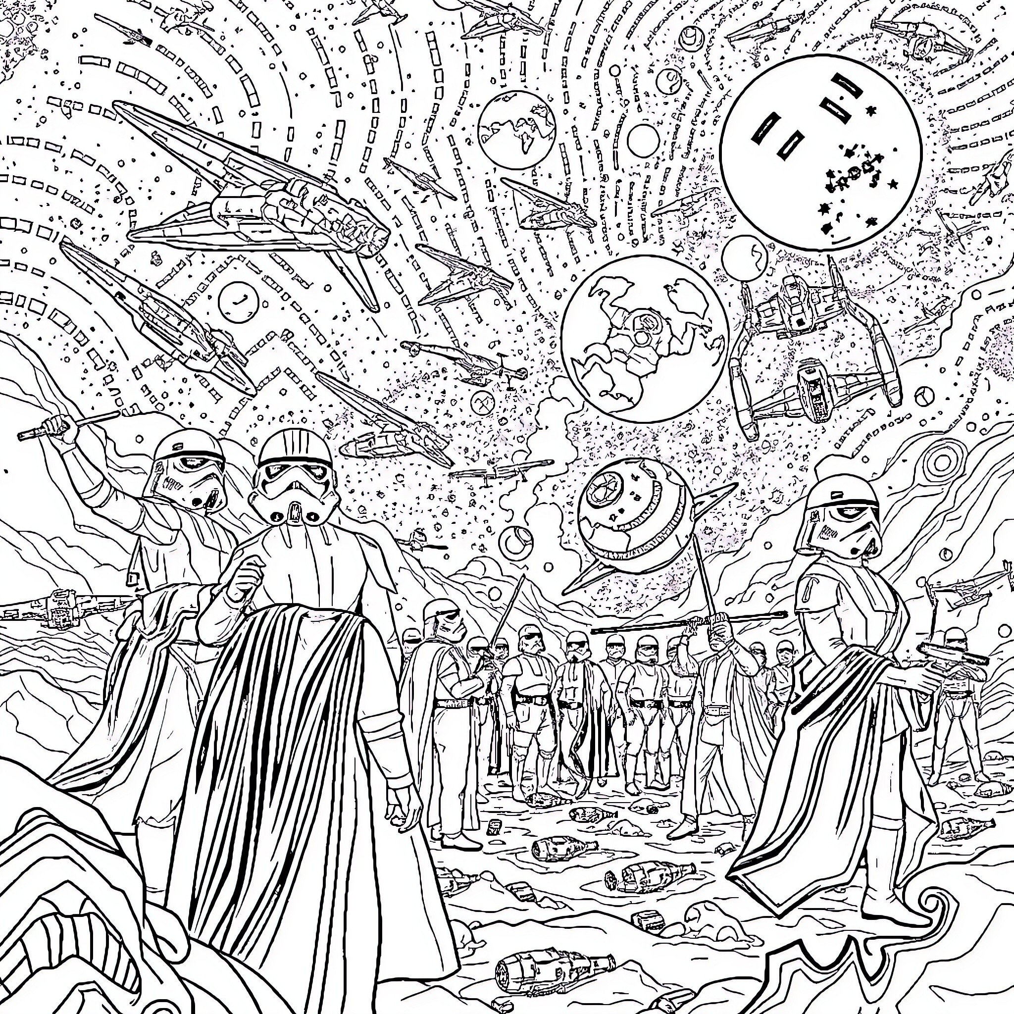 Star Wars: Epic Space Battle and Galactic Adventure Coloring Page (free black-and-white line drawing printable PDF for all, from beginners to advanced learners, including children, teens, adults, and seniors)