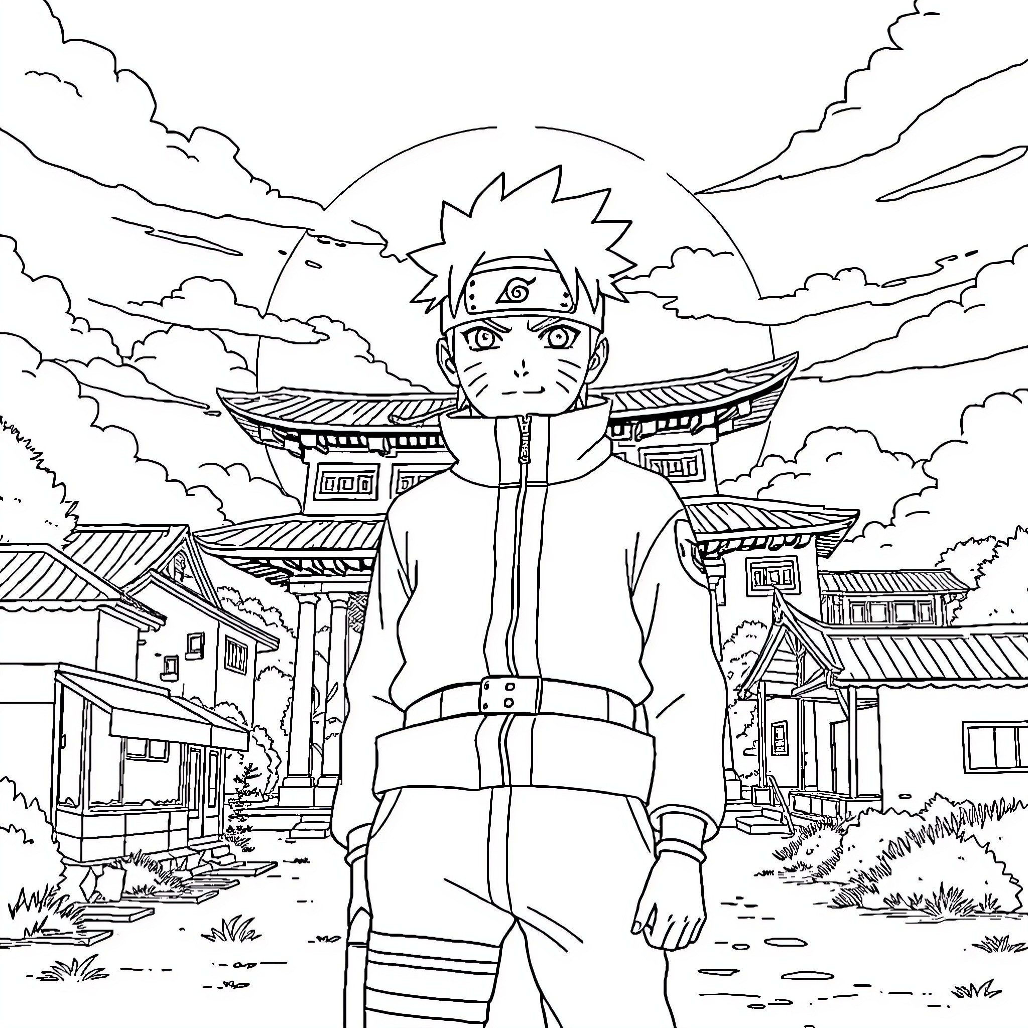 Naruto standing amidst the scenic village Coloring Page (free black-and-white line drawing printable PDF for all, from beginners to advanced learners, including children, teens, adults, and seniors)