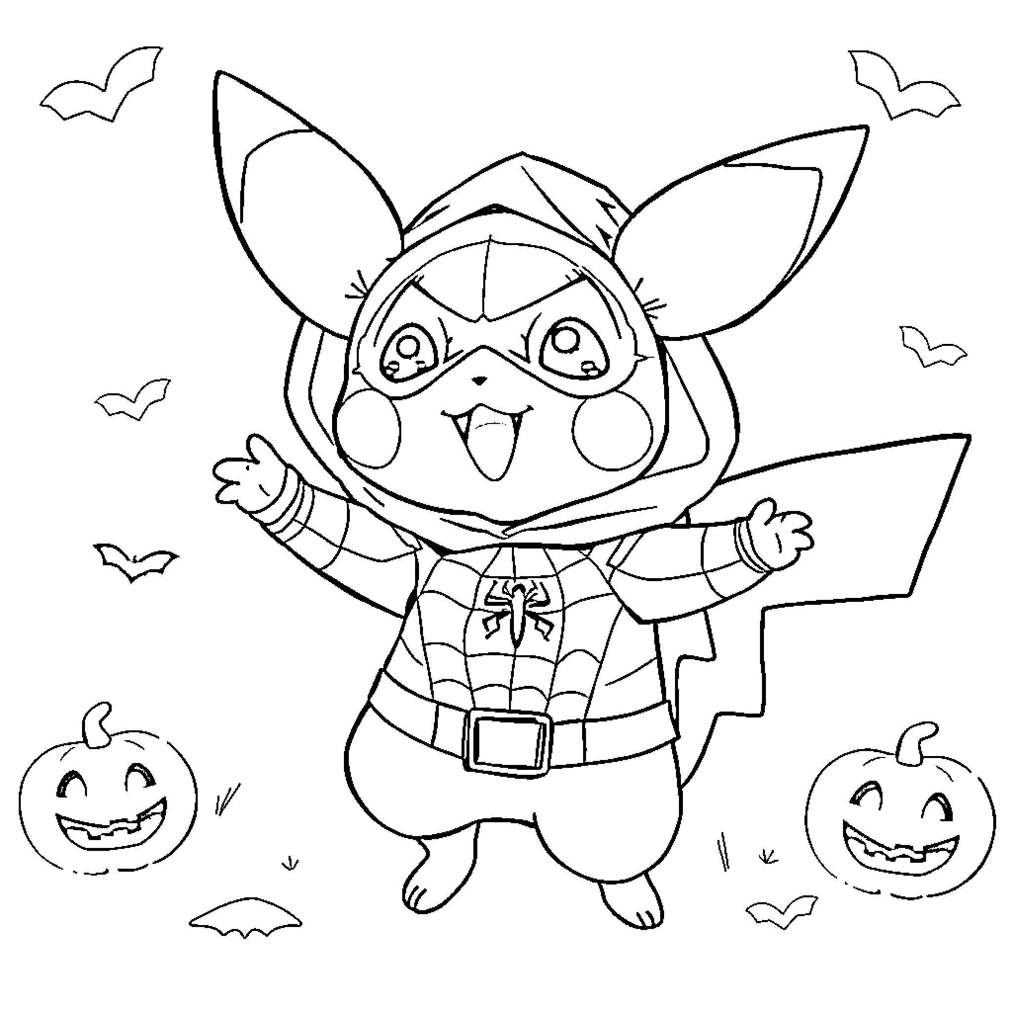 Pichu in a Halloween costume Coloring Page (free black-and-white line drawing printable PDF for all, from beginners to advanced learners, including children, teens, adults, and seniors)