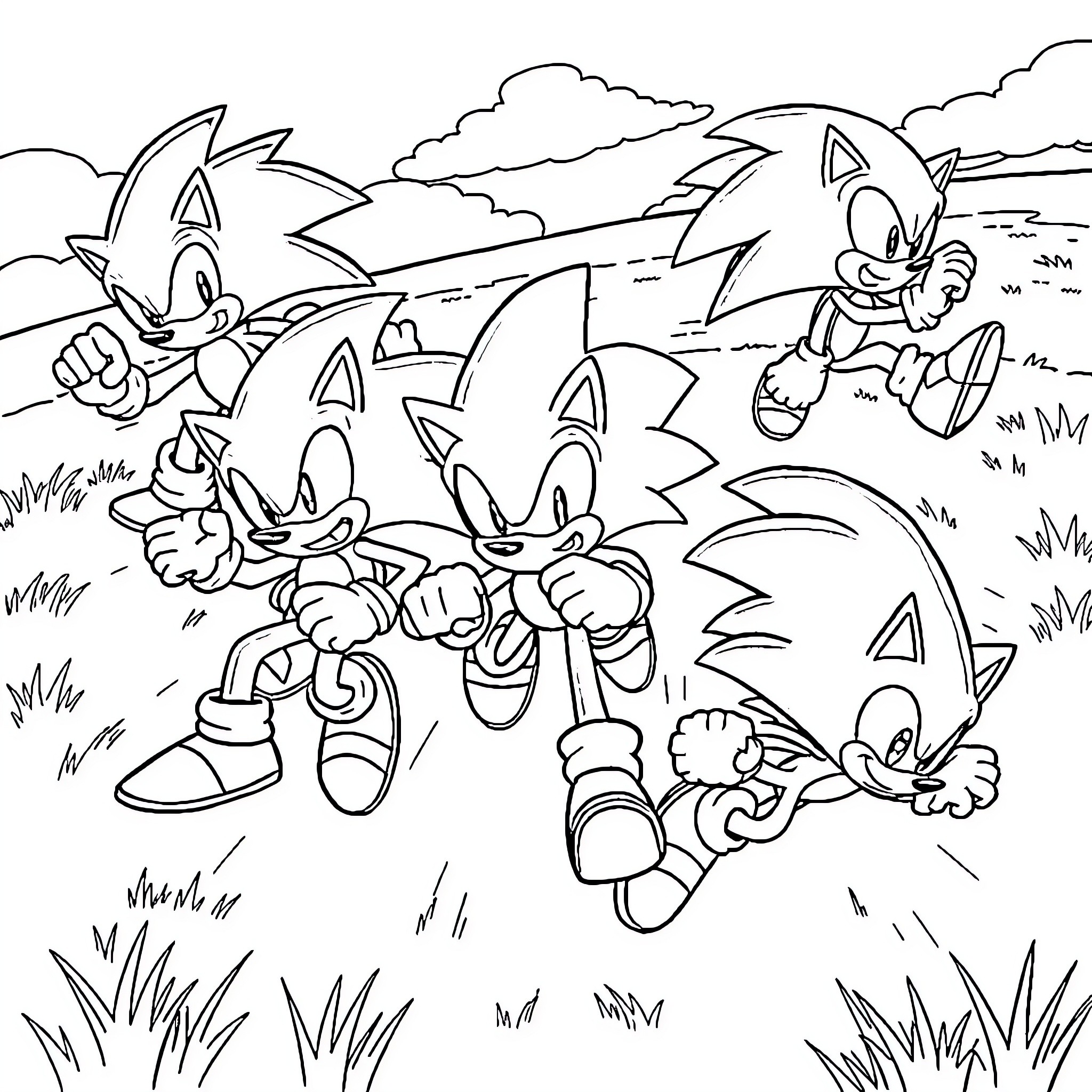 Sonic characters racing and jumping in outdoor scene Coloring Page (free black-and-white line drawing printable PDF for all, from beginners to advanced learners, including children, teens, adults, and seniors)
