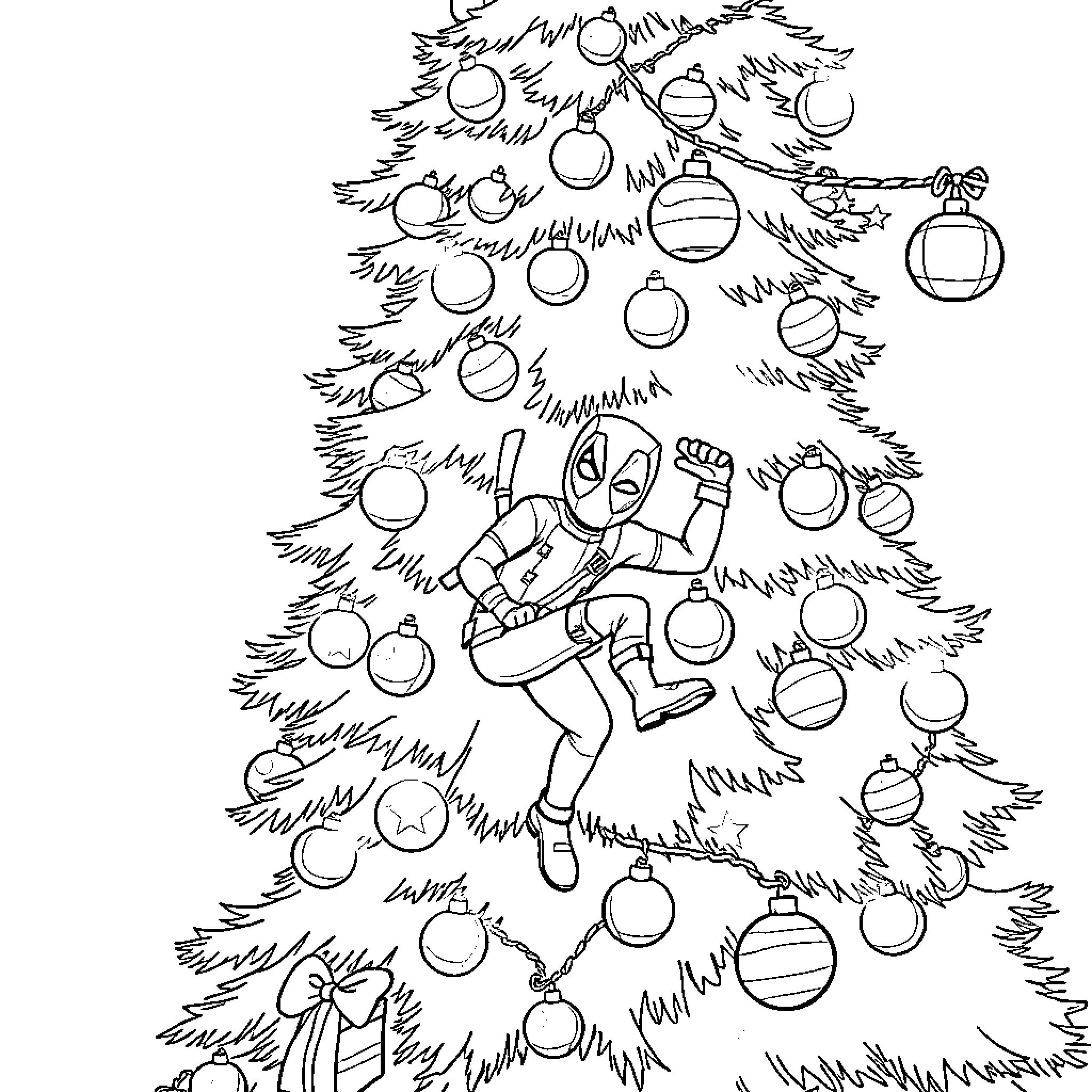 Deadpool Decorating the Christmas Tree Coloring Page (free black-and-white line drawing printable PDF for all, from beginners to advanced learners, including children, teens, adults, and seniors)
