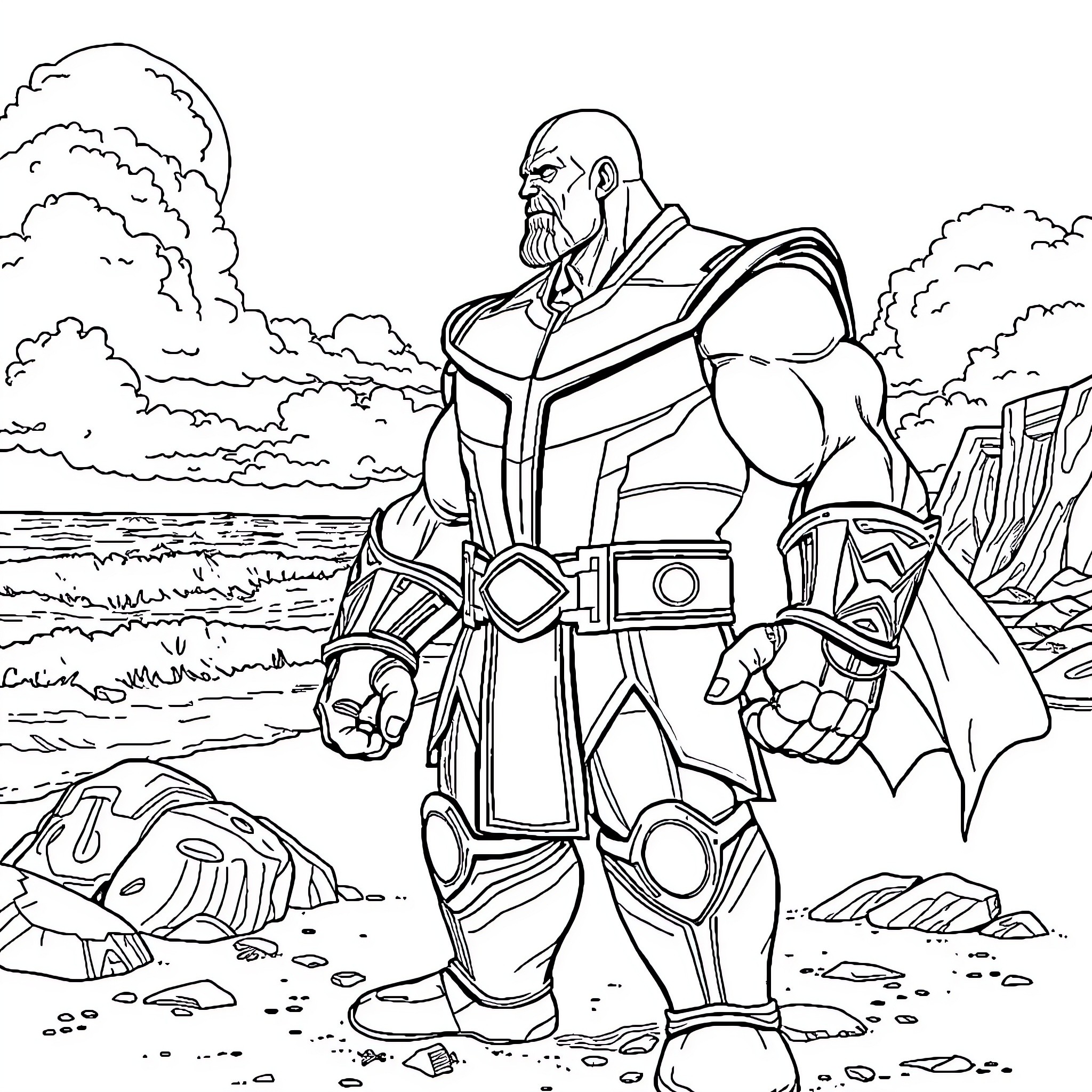 Thanos, the Powerful Titan, in an Epic Landscape Coloring Page (free black-and-white line drawing printable PDF for all, from beginners to advanced learners, including children, teens, adults, and seniors)