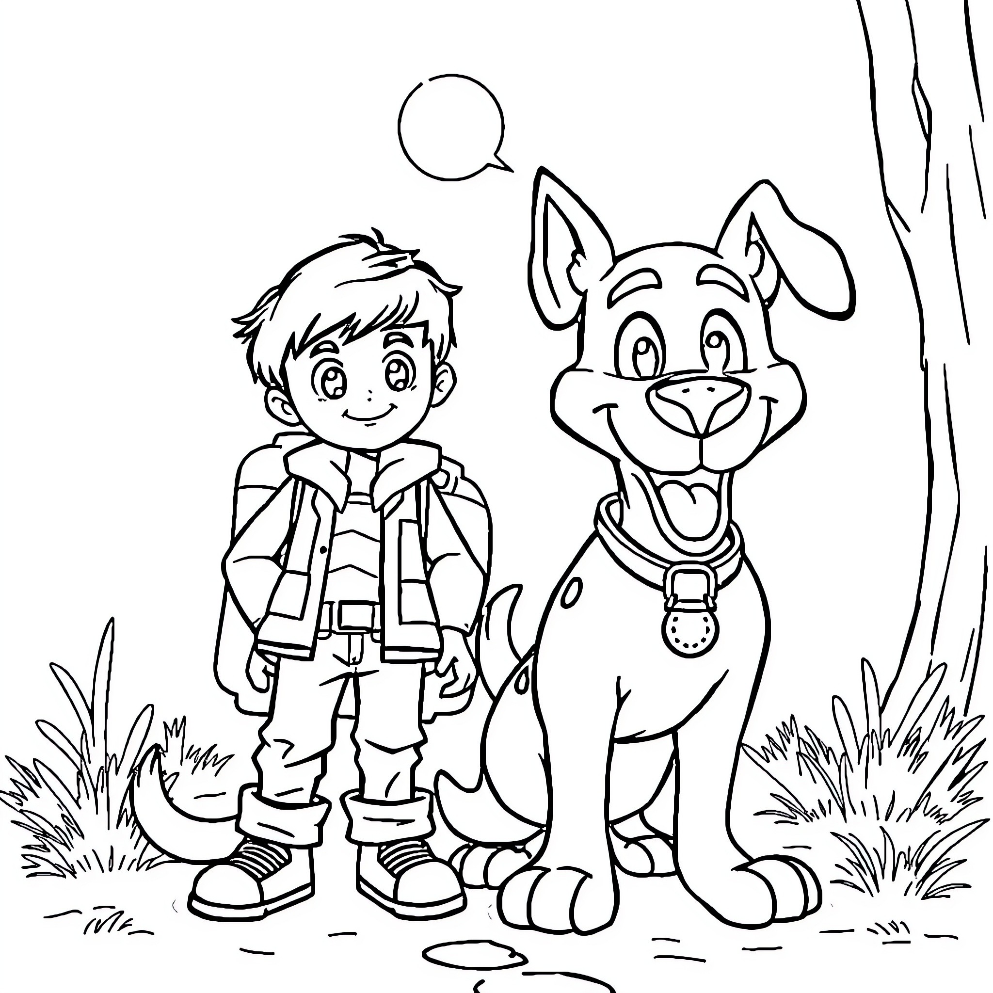 Johnny Test and his dog explore the outdoors Coloring Page (free black-and-white line drawing printable PDF for all, from beginners to advanced learners, including children, teens, adults, and seniors)