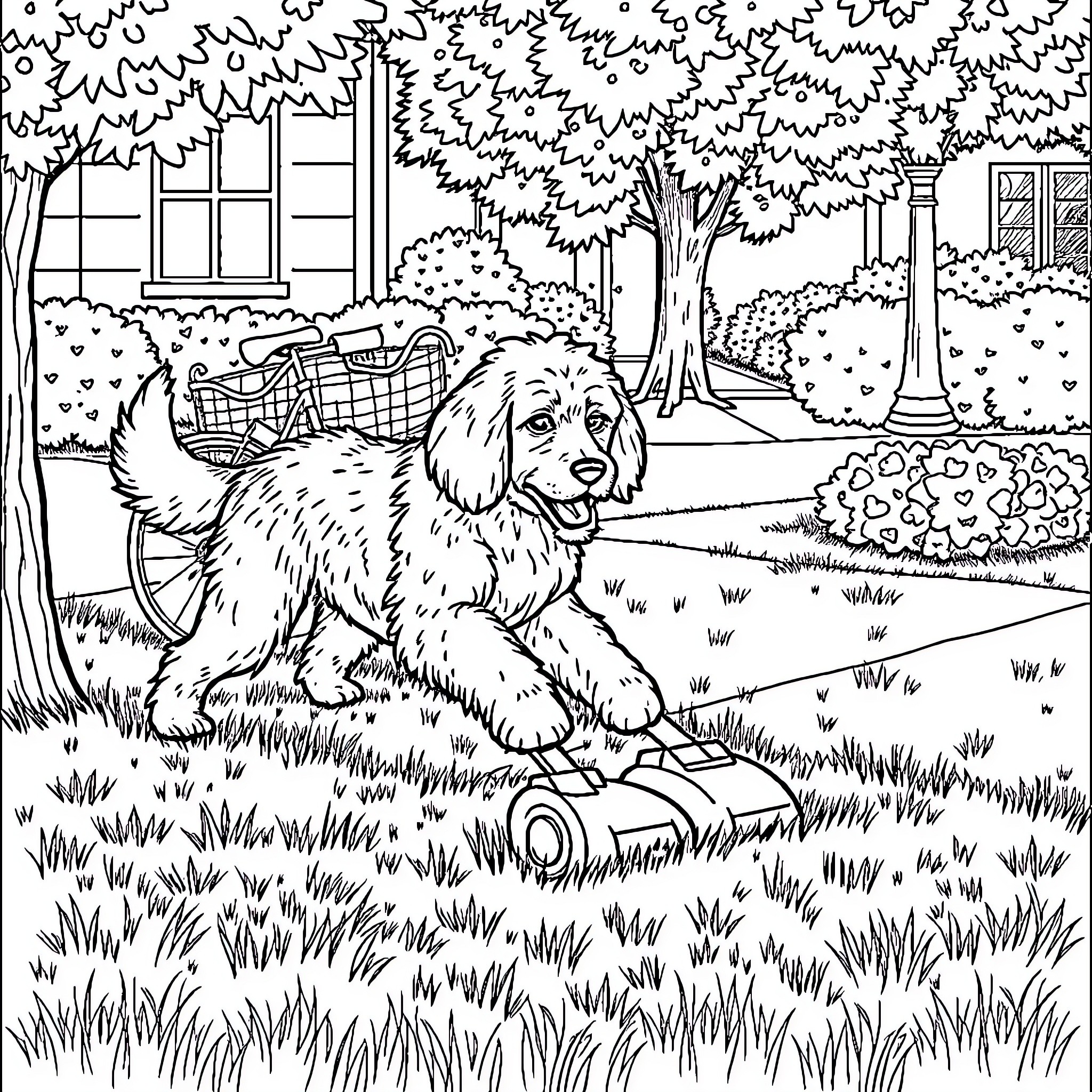 Doodle of a friendly dog exploring its neighborhood Coloring Page (free black-and-white line drawing printable PDF for all, from beginners to advanced learners, including children, teens, adults, and seniors)
